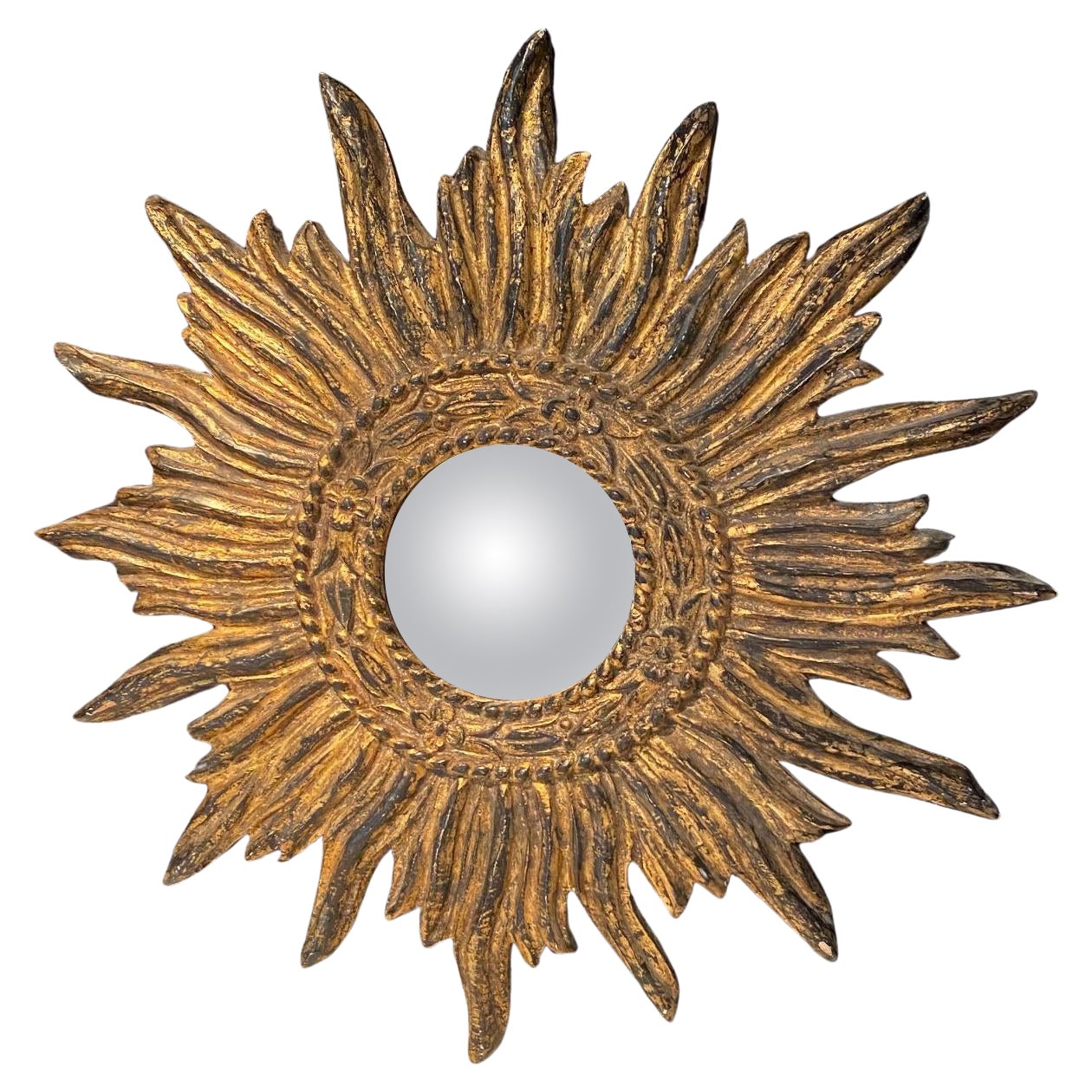  French Intricate Carved Gilt Wood Soleil Sunburst Starburst Wall Mirror  For Sale