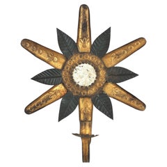 Sunburst Mirror Wall Candle Sconce in Black and Gilt Metal