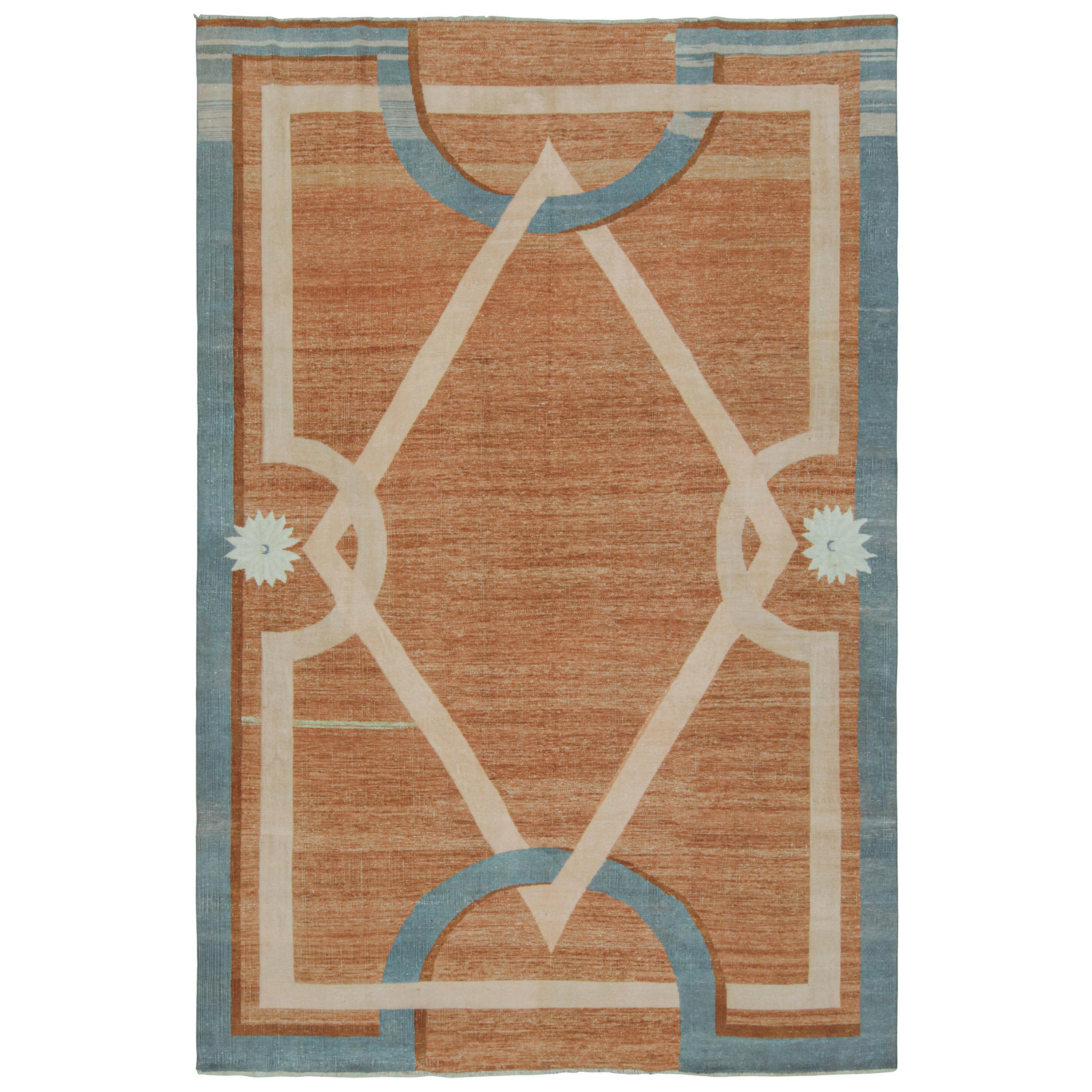 Rug & Kilim’s Modern French Art Deco Style Rug in Orange with Geometric Pattern For Sale