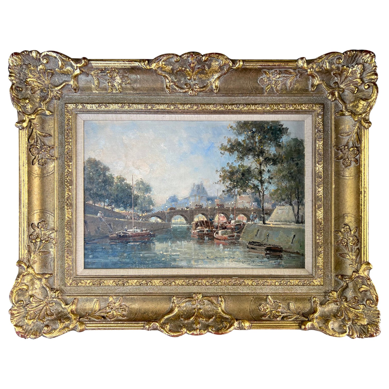 "Along the River Seine, Paris" Oil Painting by French Artist Gustave Muscart For Sale