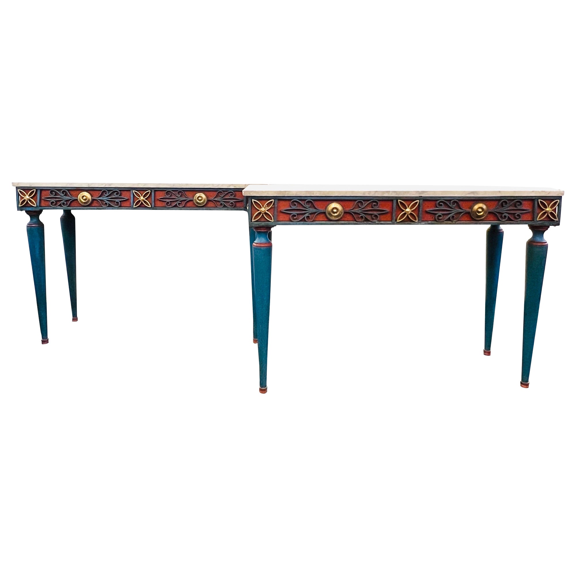 Pair italian painted wrought iron console tables with marble tops C1900 For Sale