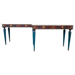Pair italian painted wrought iron console tables with marble tops C1900