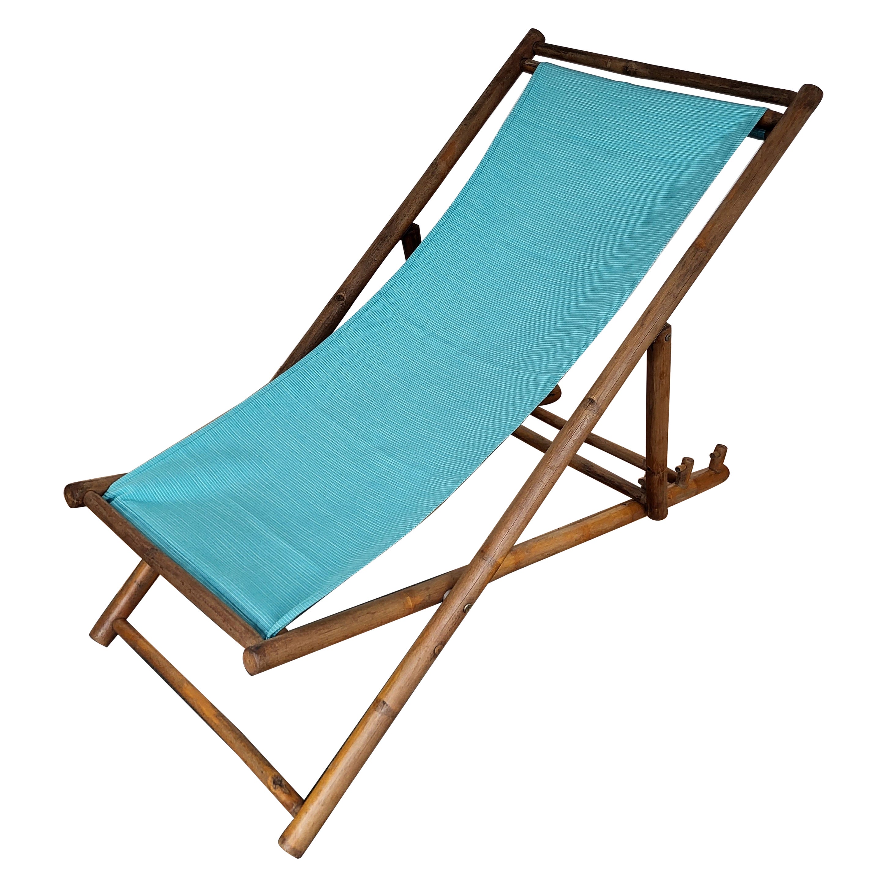 Transat Folding Deck Chair Patio Lounger, Chaise Longue, Bambo Wood and Fabric For Sale