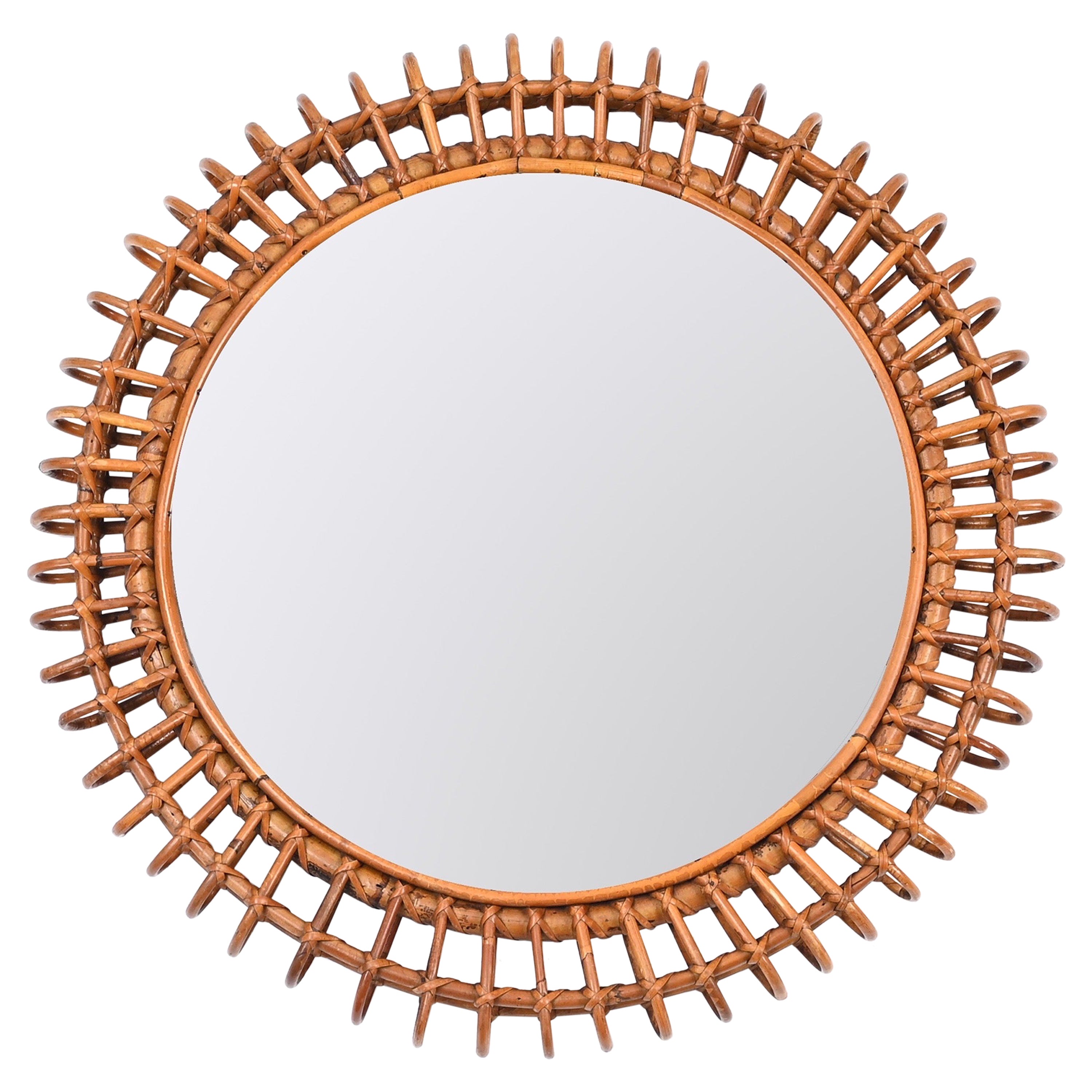 Albini Mid-Century French Riviera Bamboo and Rattan Round Italian Mirror, 1960s