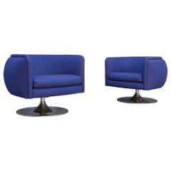 Vintage Joe D'Urso for Knoll Pair of Swivel Club Lounge Chairs in Deep Blue Wool Blend
