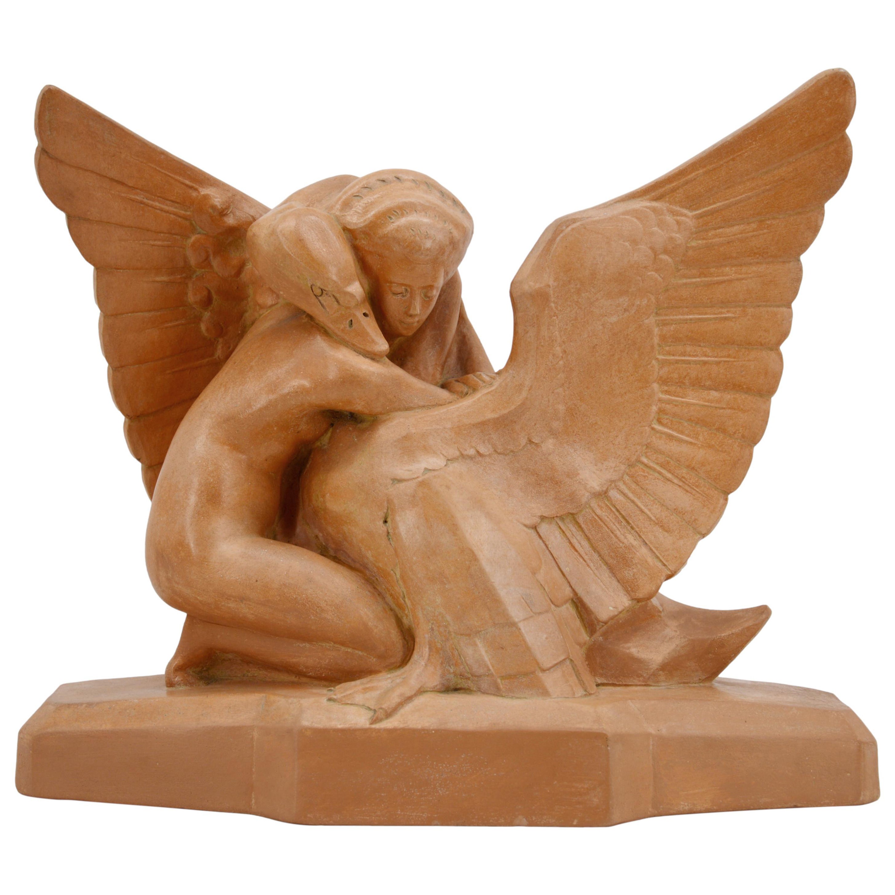 Gabriel Beauvais French Art Deco Terracotta Sculpture Leda and the Swan, 1930s For Sale