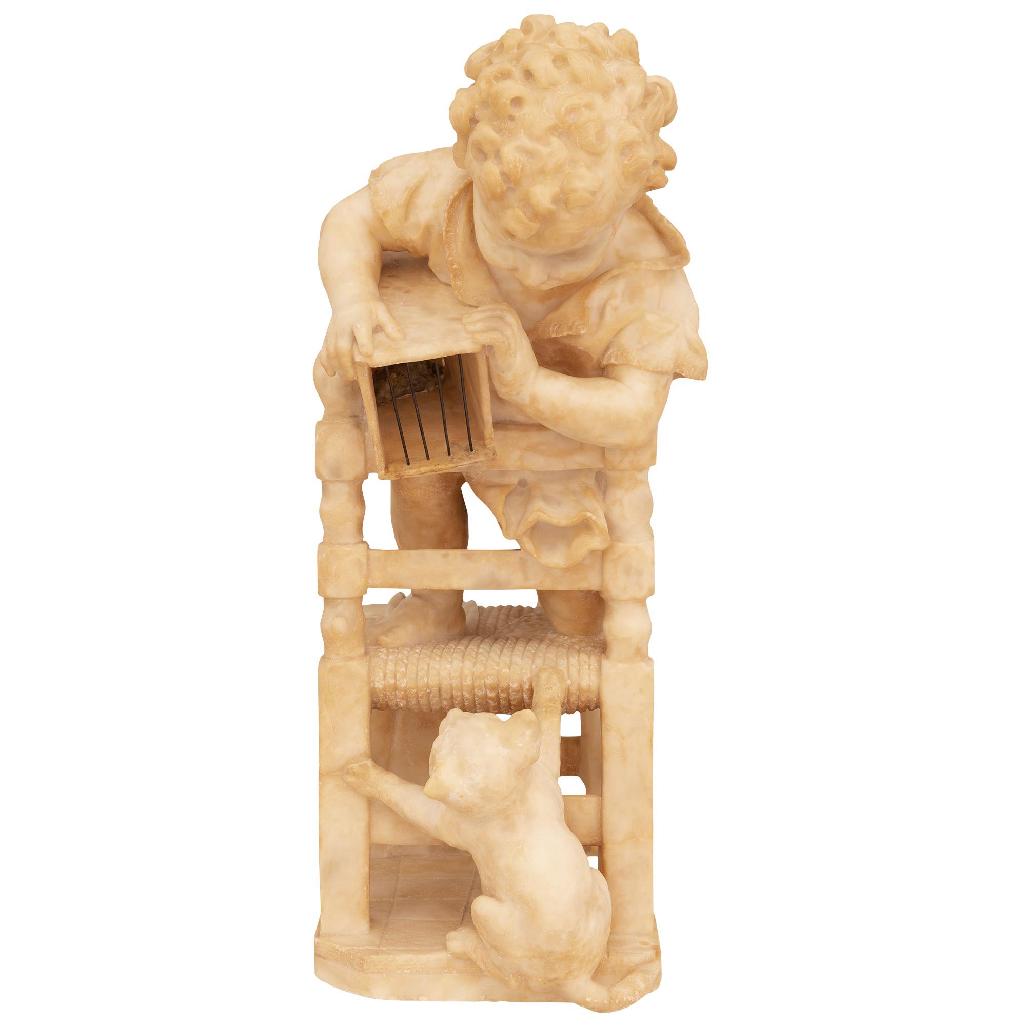 Italian 19th Century Alabaster Statue Of A Boy And His Cat For Sale