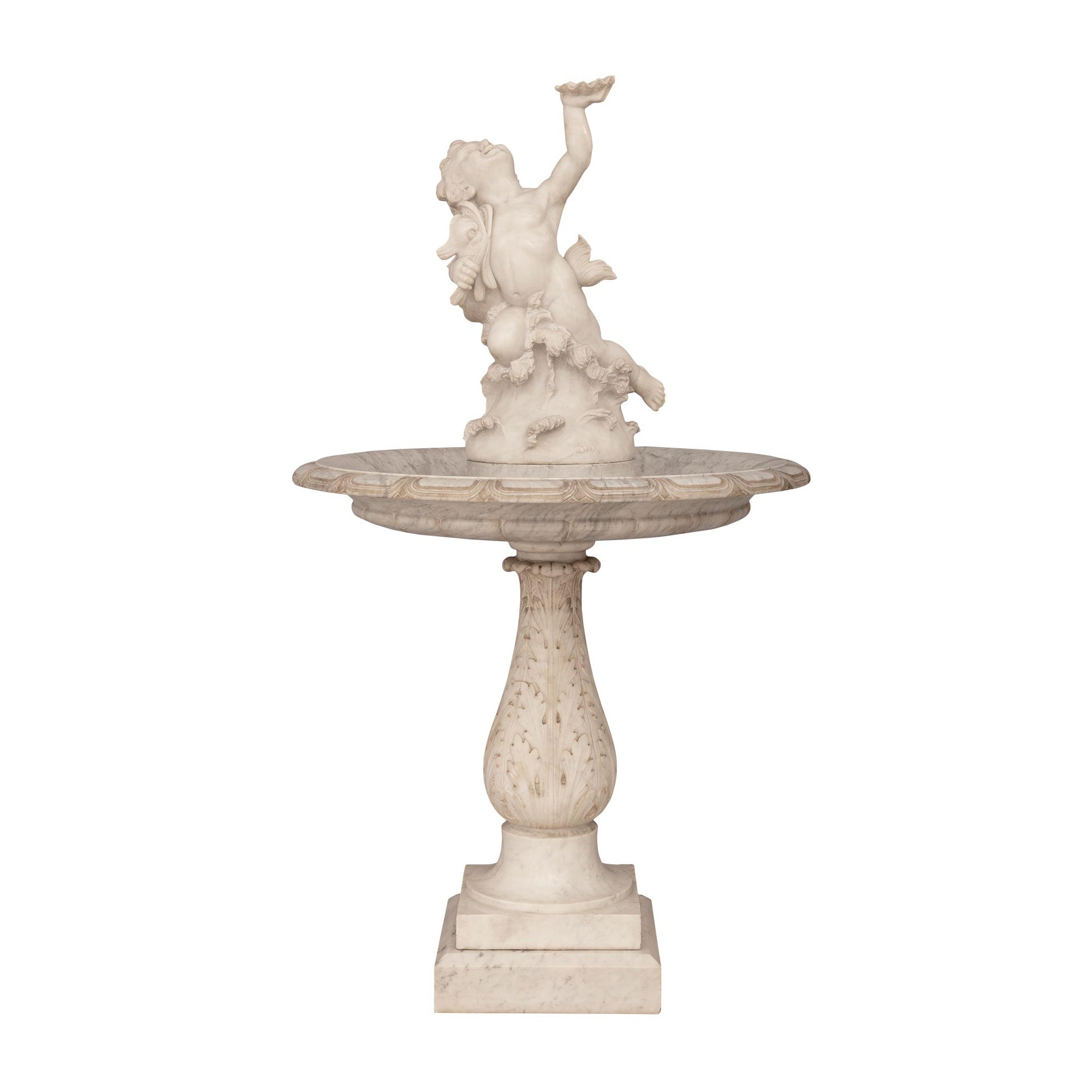 Italian 19th Century White Carrara Marble Fountain Of Cupid With A Dolphin For Sale