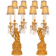 True Pair Of French 19th Century Louis XVI St. Ormolu & Crystal Candelabra Lamps