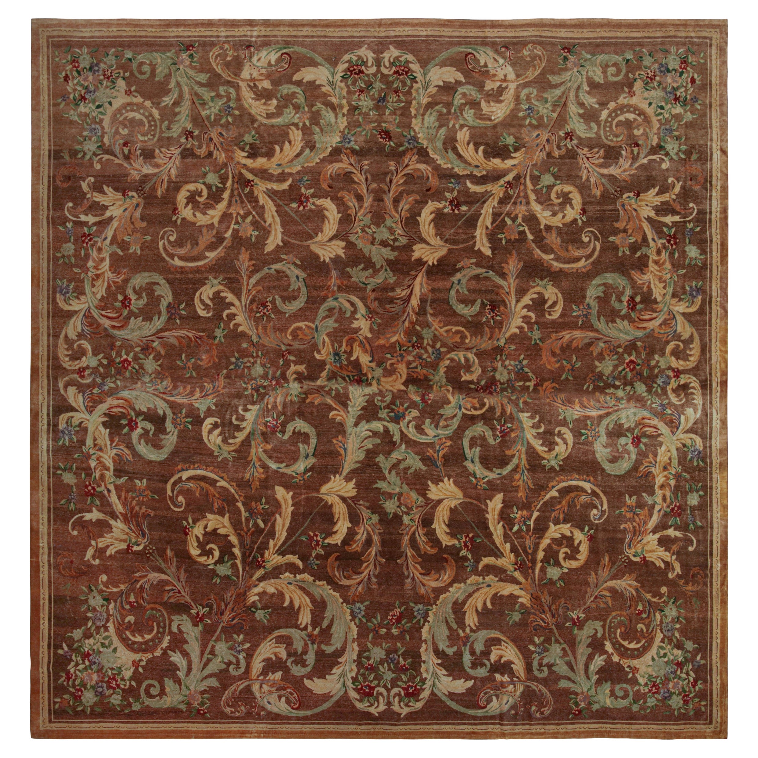 Vintage French Savonnerie Rug, in Brown, with Floral Patterns