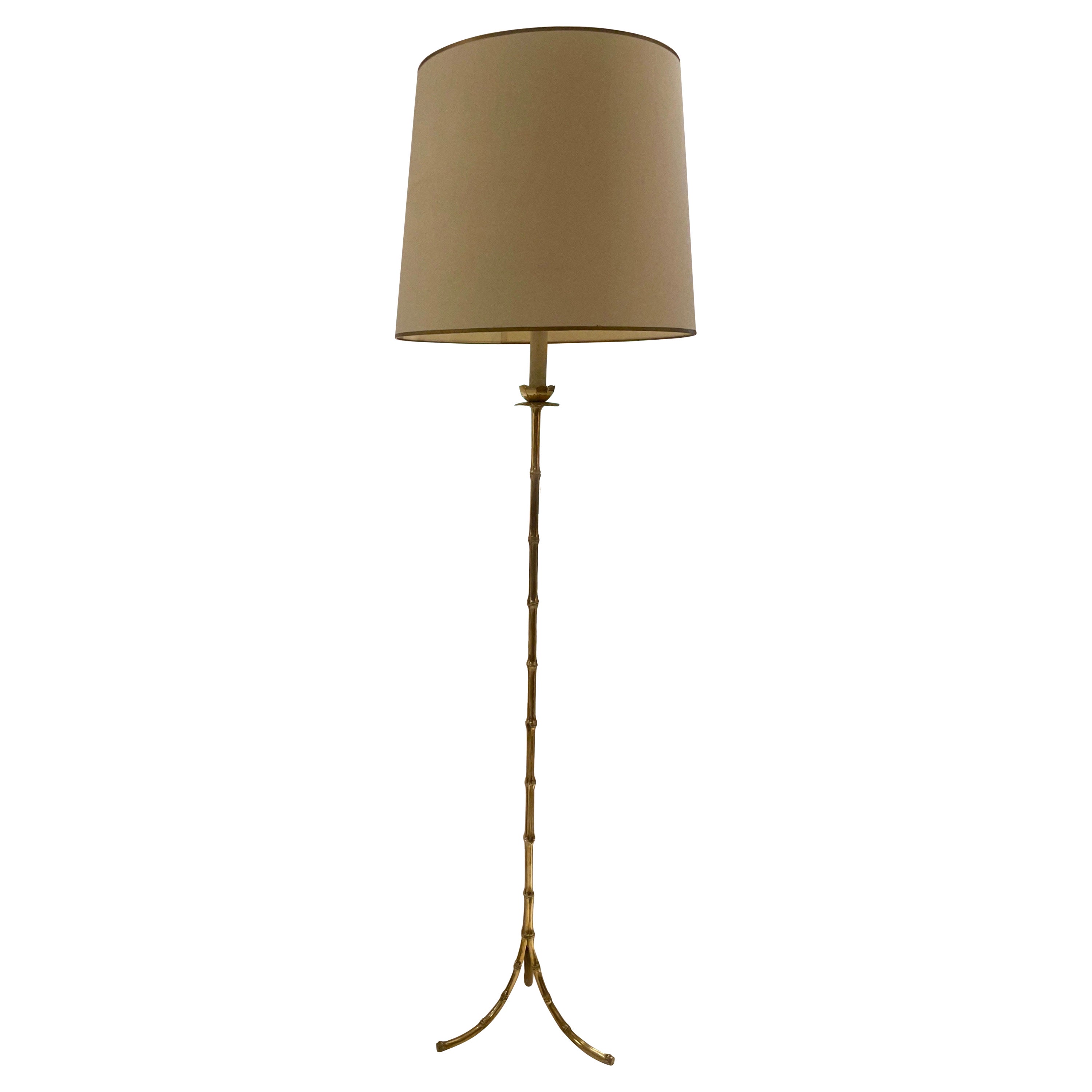 Faux Bamboo Brass Floor Lamp with A Lotus Flower on Top by Maison Baguès, France For Sale