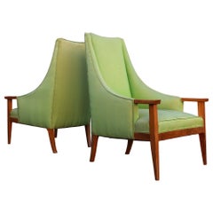 Retro Pair of Green Upholstery and Wood Tall Back Lounge Chairs after Adrian Pearsall