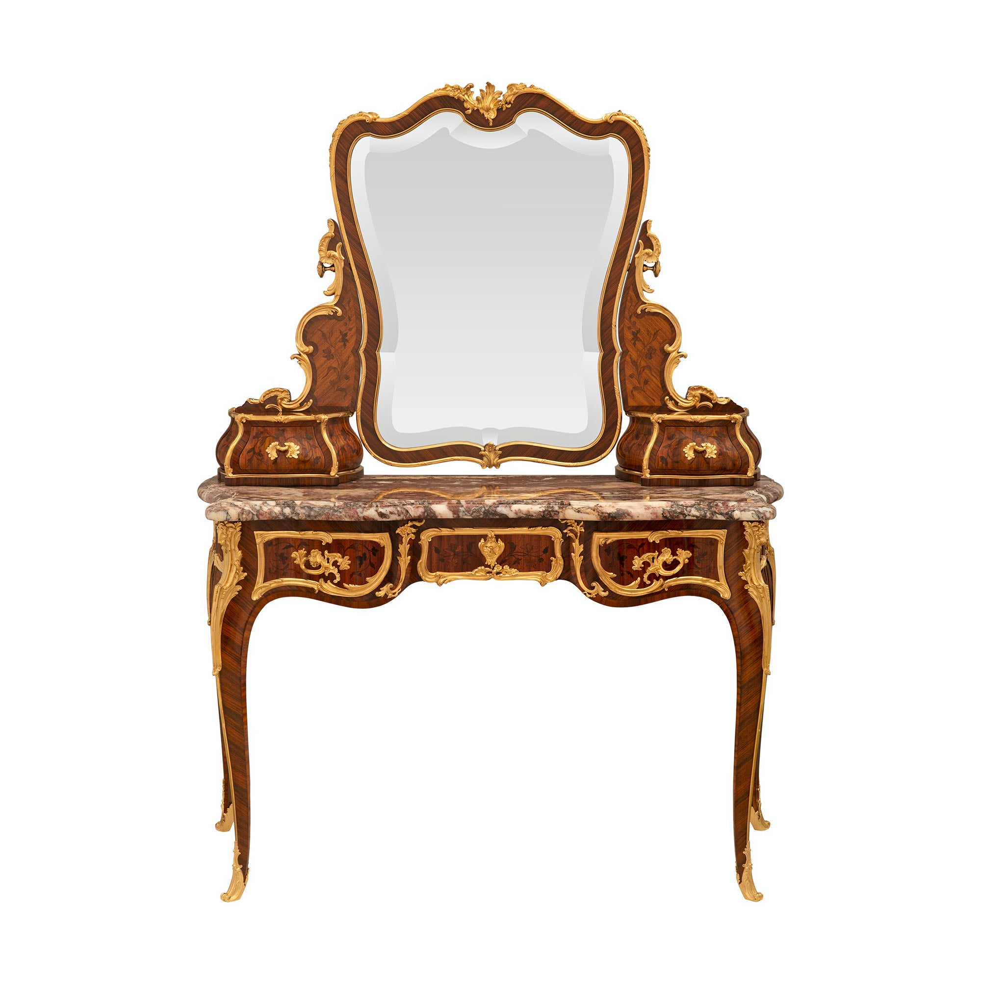 French 19th Century Louis XV St. Tulipwood, Kingwood And Ormolu Vanity Table For Sale