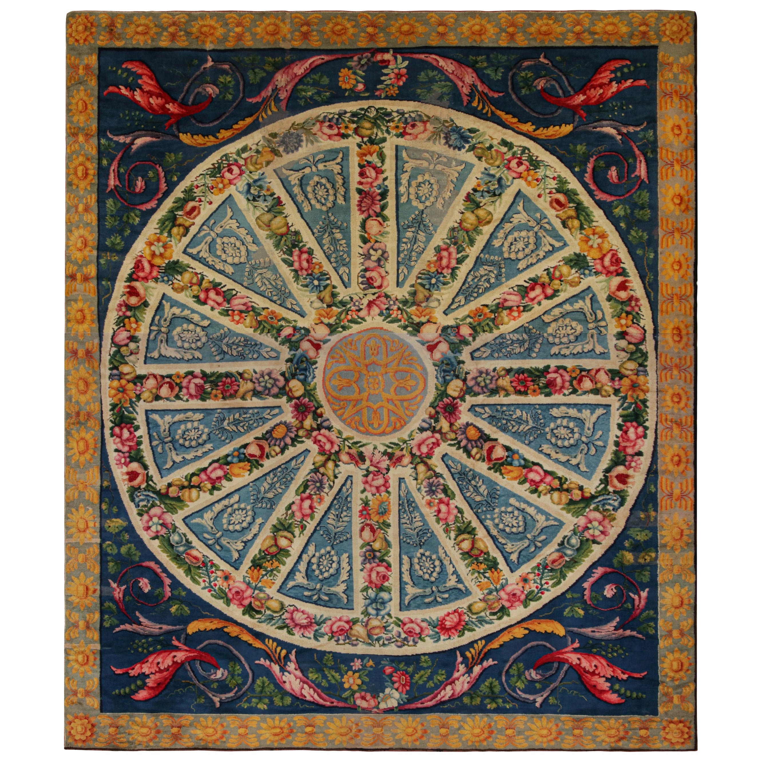 Antique European Rug in Blue, with Floral Patterns For Sale
