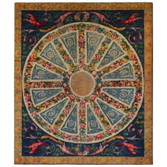 Antique European Rug in Blue, with Floral Patterns
