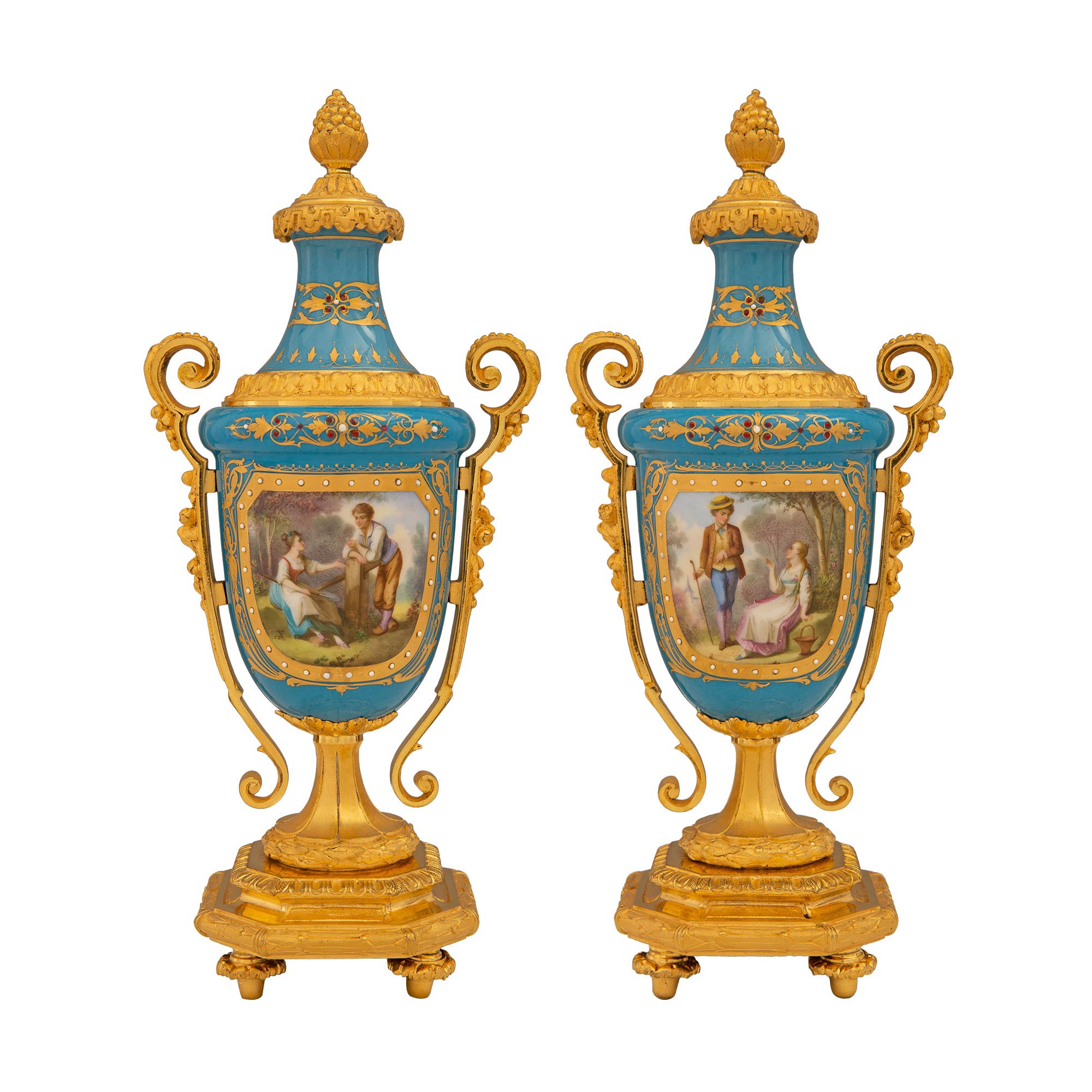Pair Of French 19th Century Louis XVI St. Sèvres Porcelain & Ormolu Lidded Urns For Sale