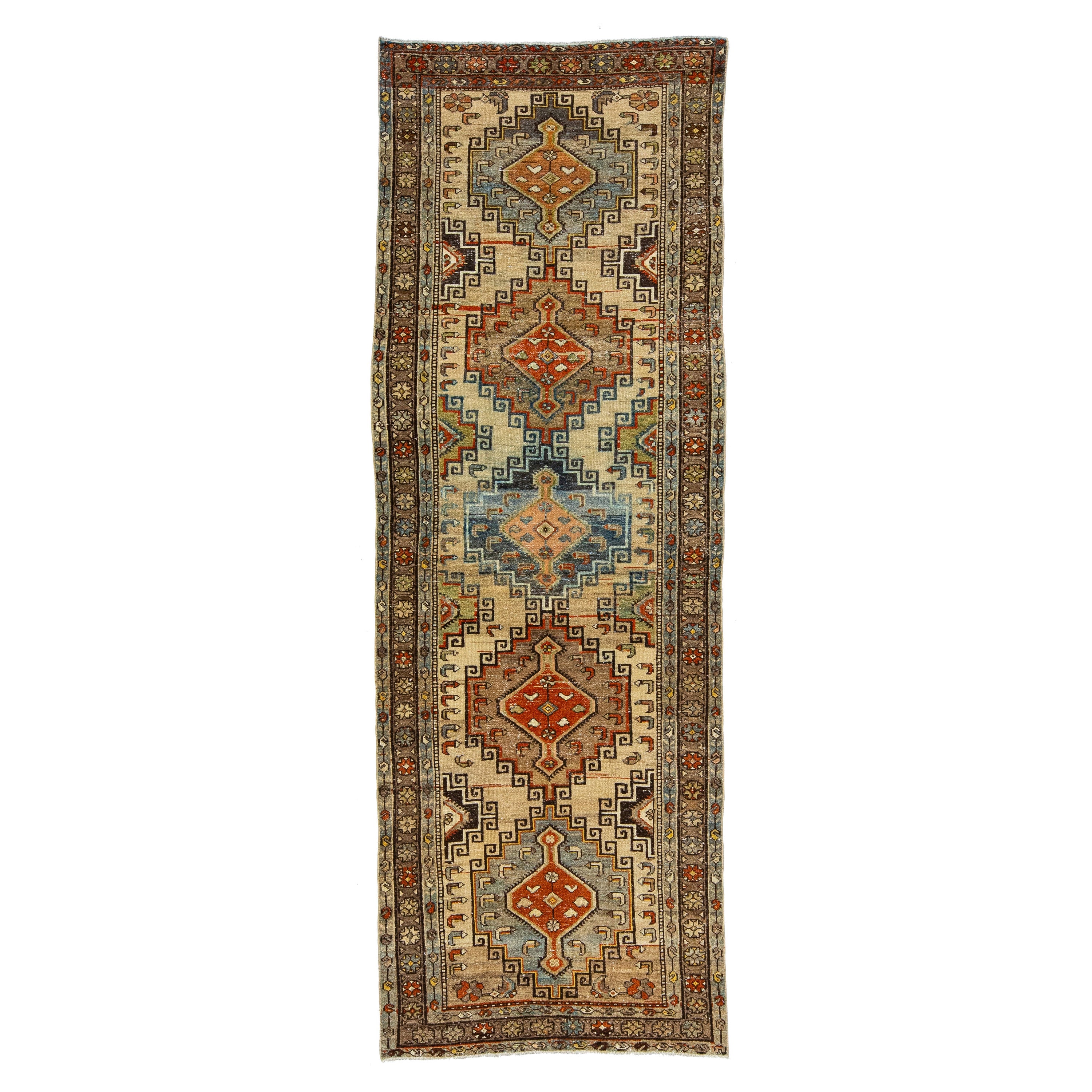 Antique Hamadan Persian Wool Runner with Multicolor Design  For Sale