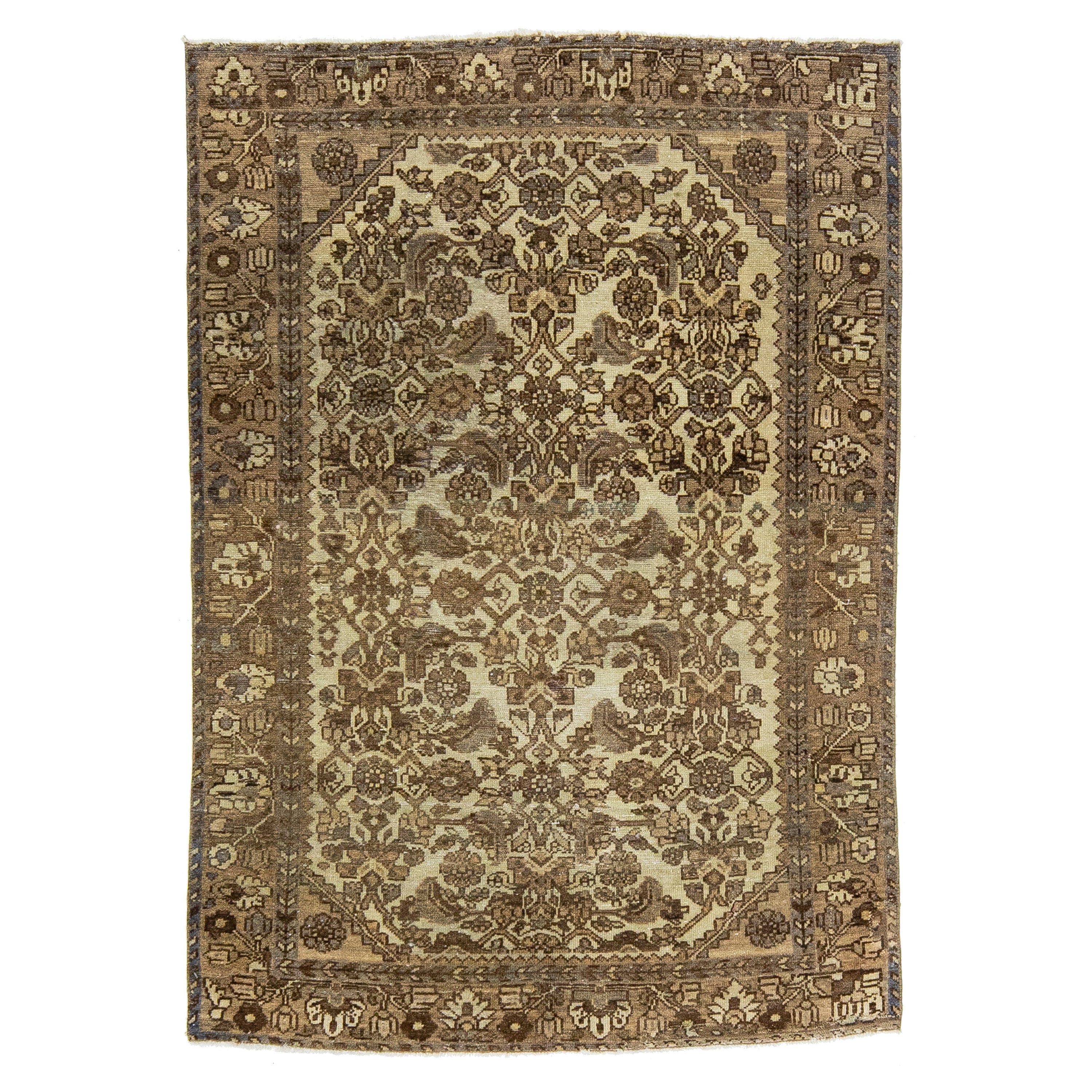 Floral Handmade Antique Persian Malayer Beige Scatter Wool Rug  For Sale