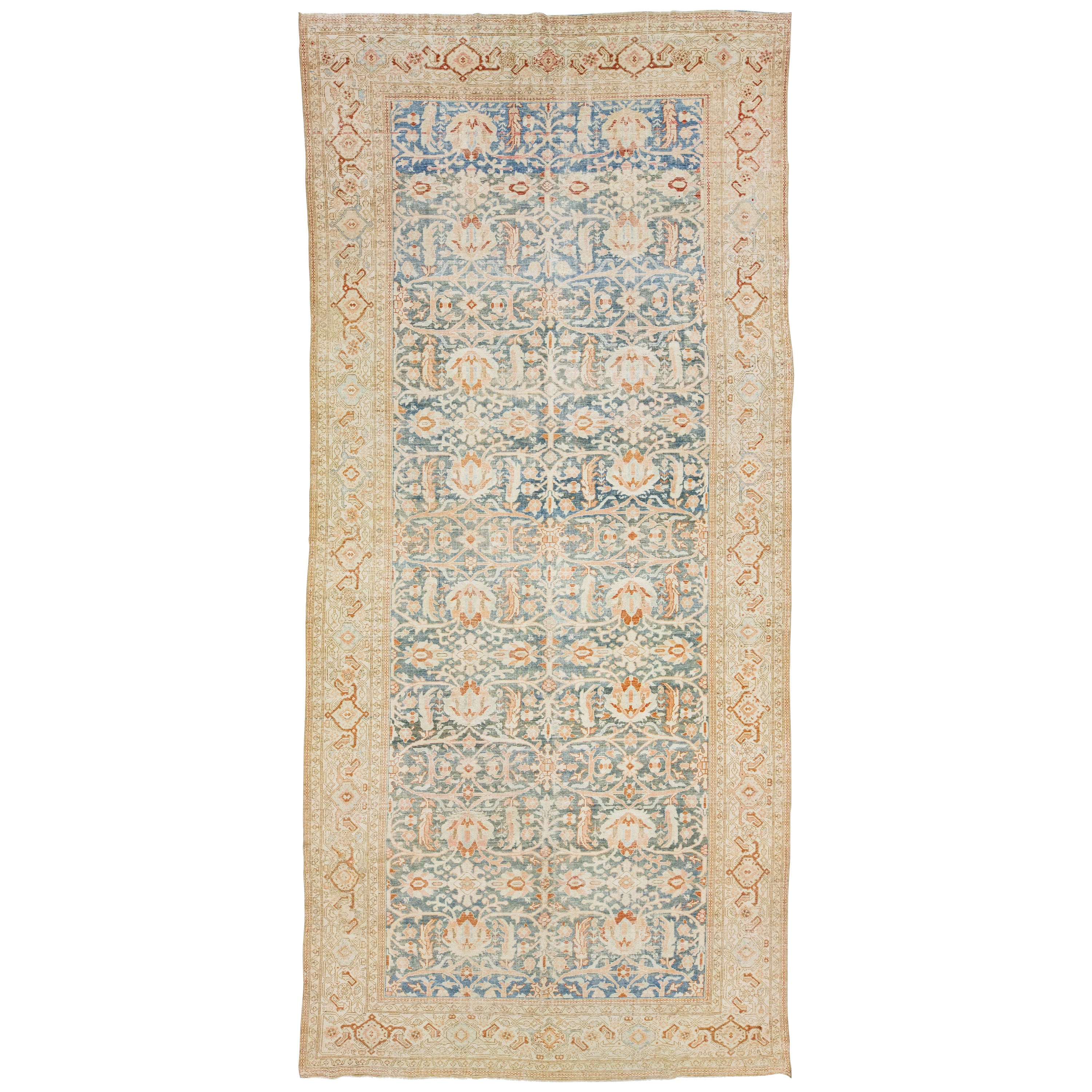 Allover Handmade Antique Persian Malayer Wool Rug In Blue For Sale