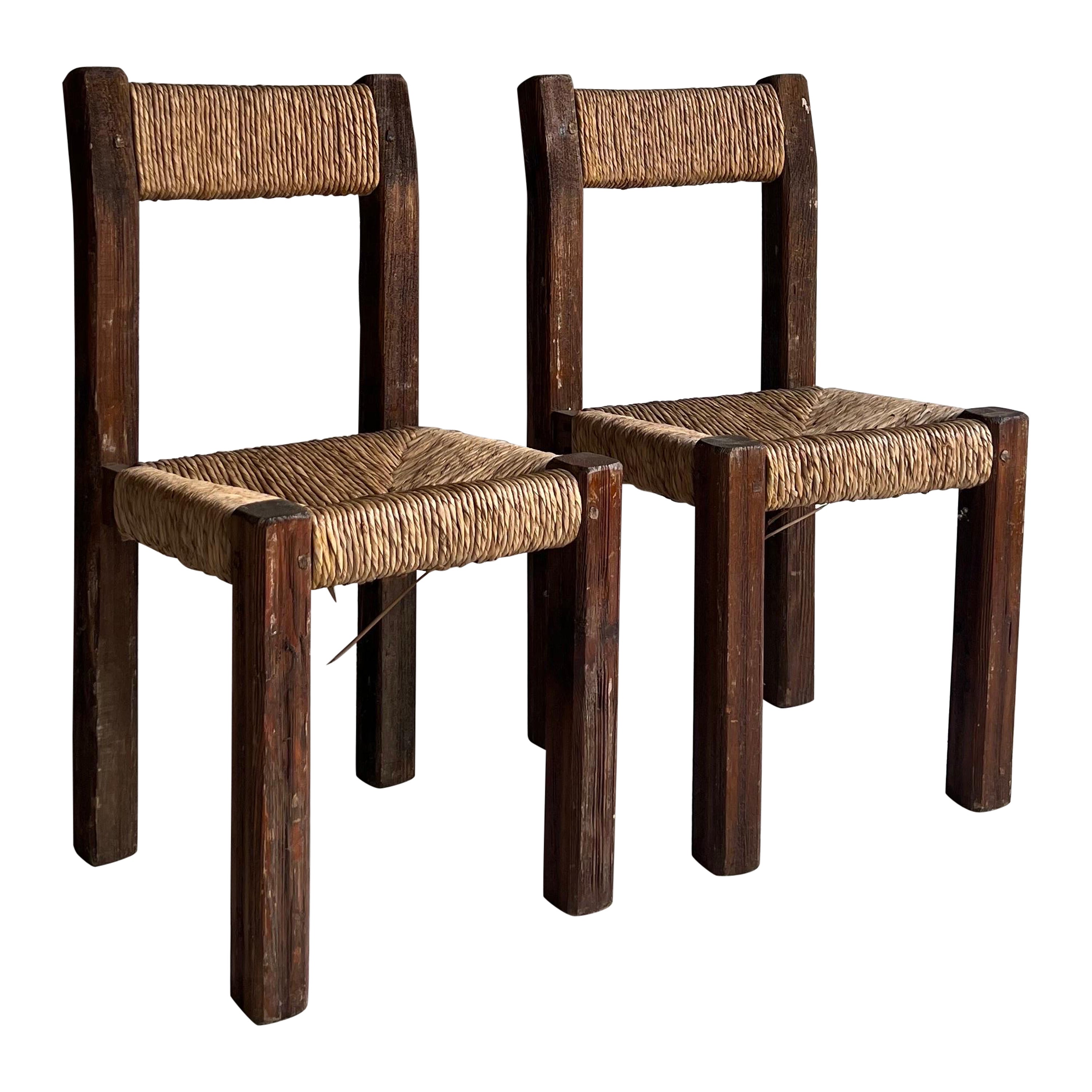 Pair of Brutalist Chairs in Wood and Straw, France Auvergne, 1950s