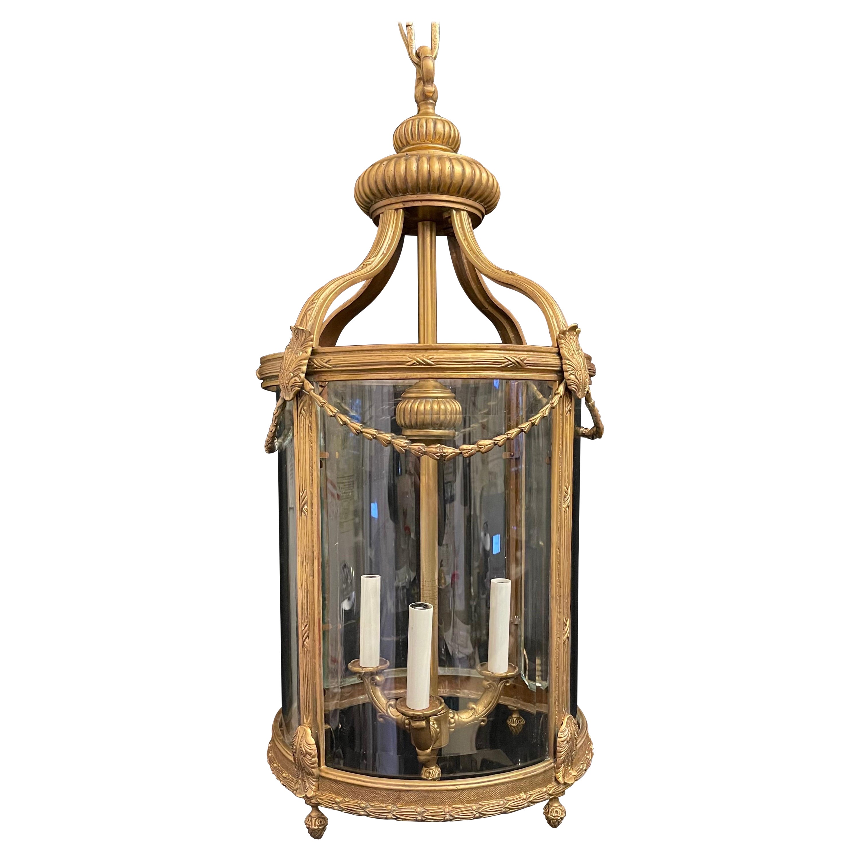 Wonderful French Ormolu Bronze Filigree Swag Three Light Large Regency Lantern For Sale