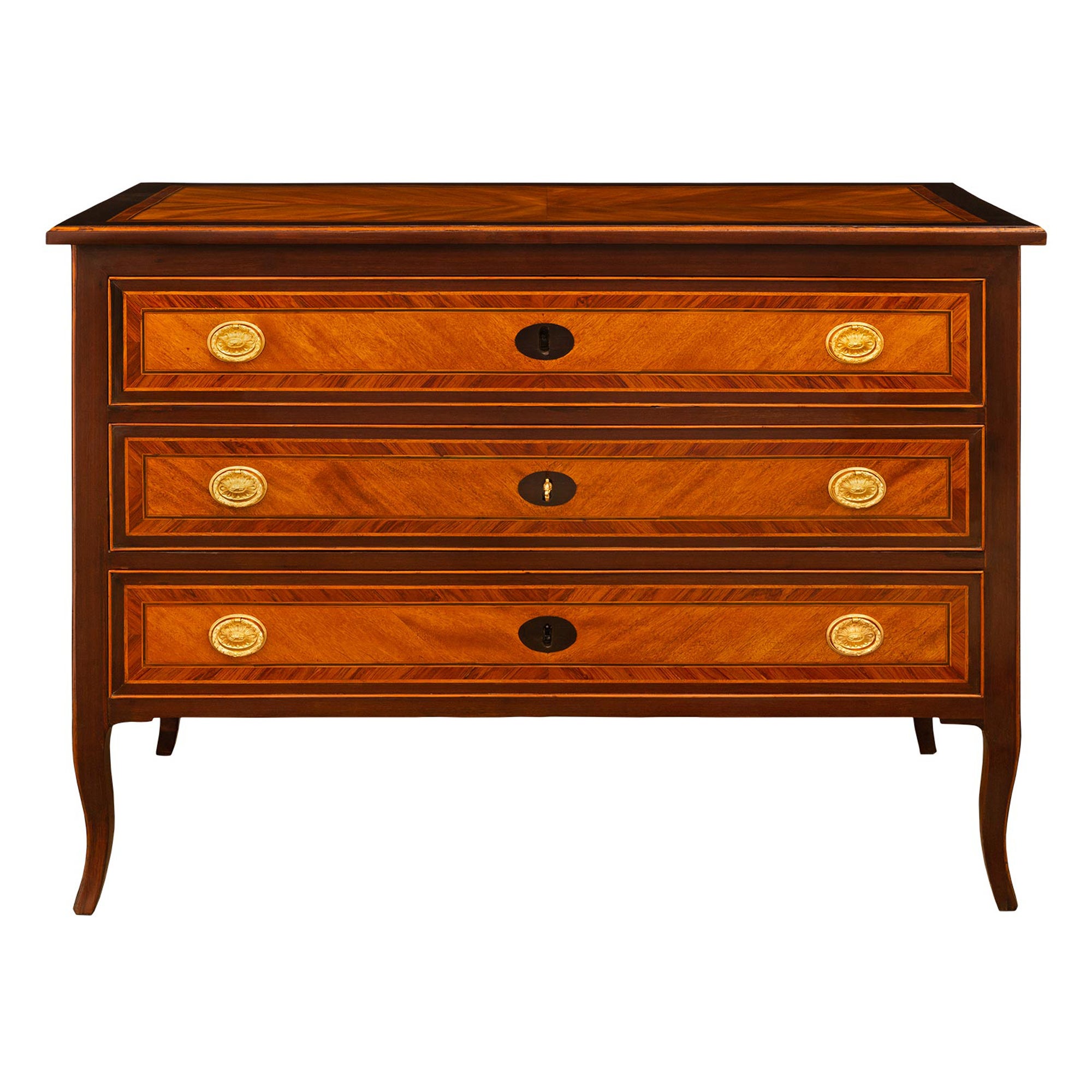 Italian Transitional Period Mahogany, Tulipwood, Cherrywood And Ormolu Commode For Sale