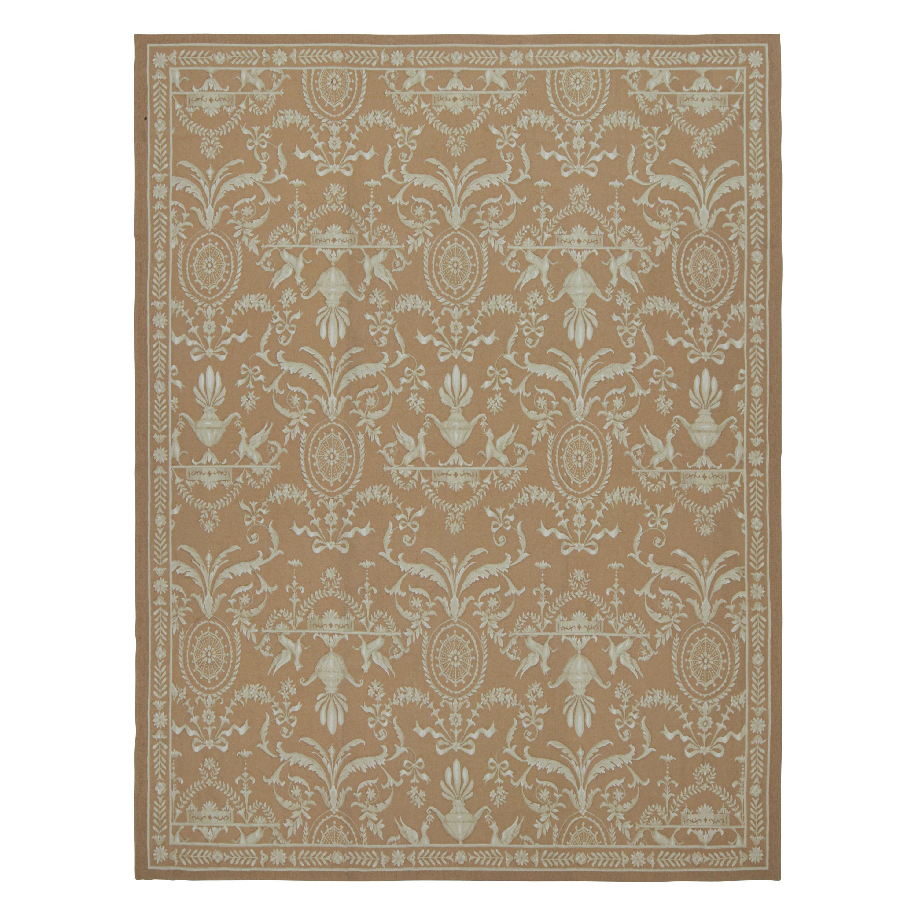 Rug & Kilim’s Aubusson Style Flatweave Rug in Brown with Beige Floral Patterns For Sale