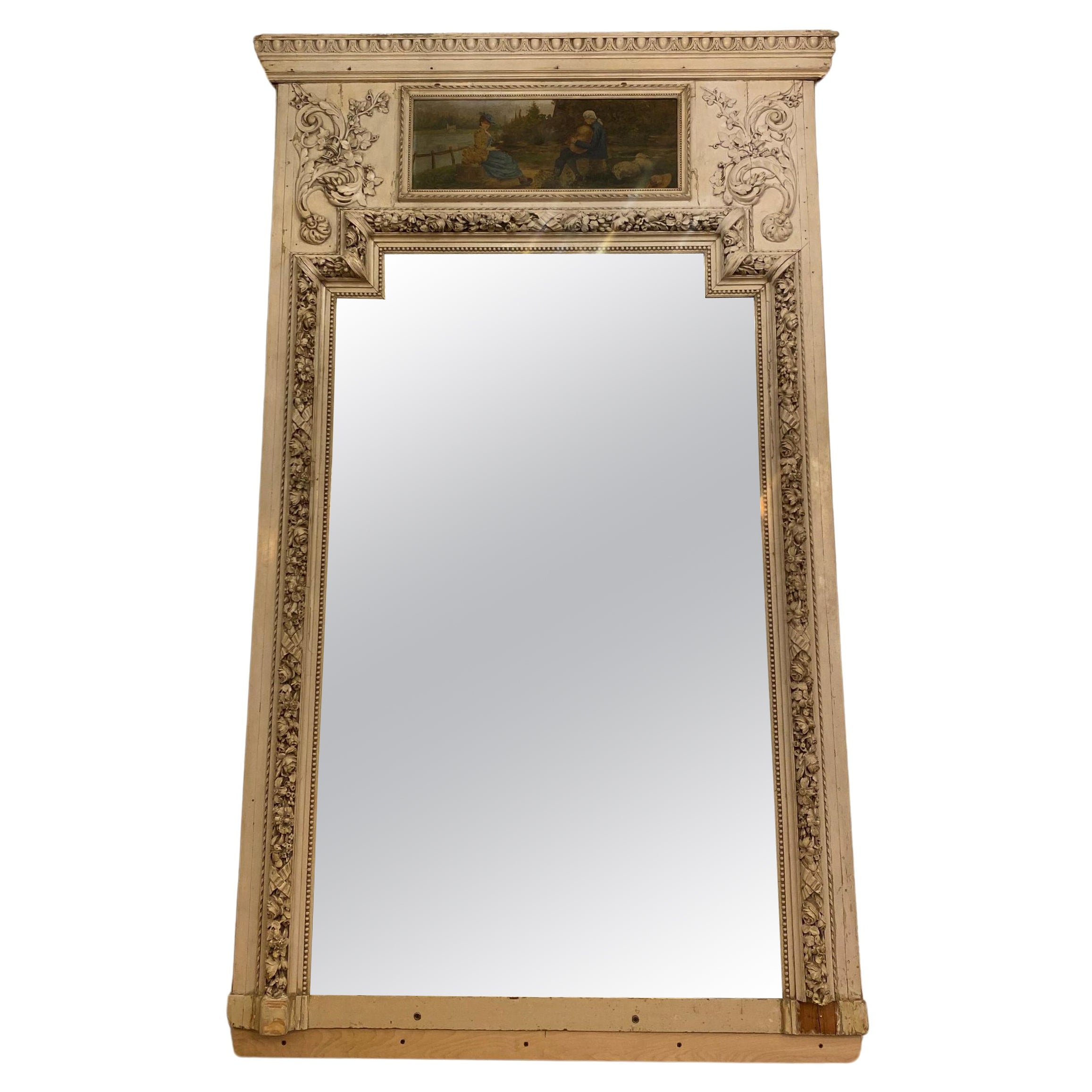 Antique 1890s French Trumeau White Wood Mantel Mirror For Sale