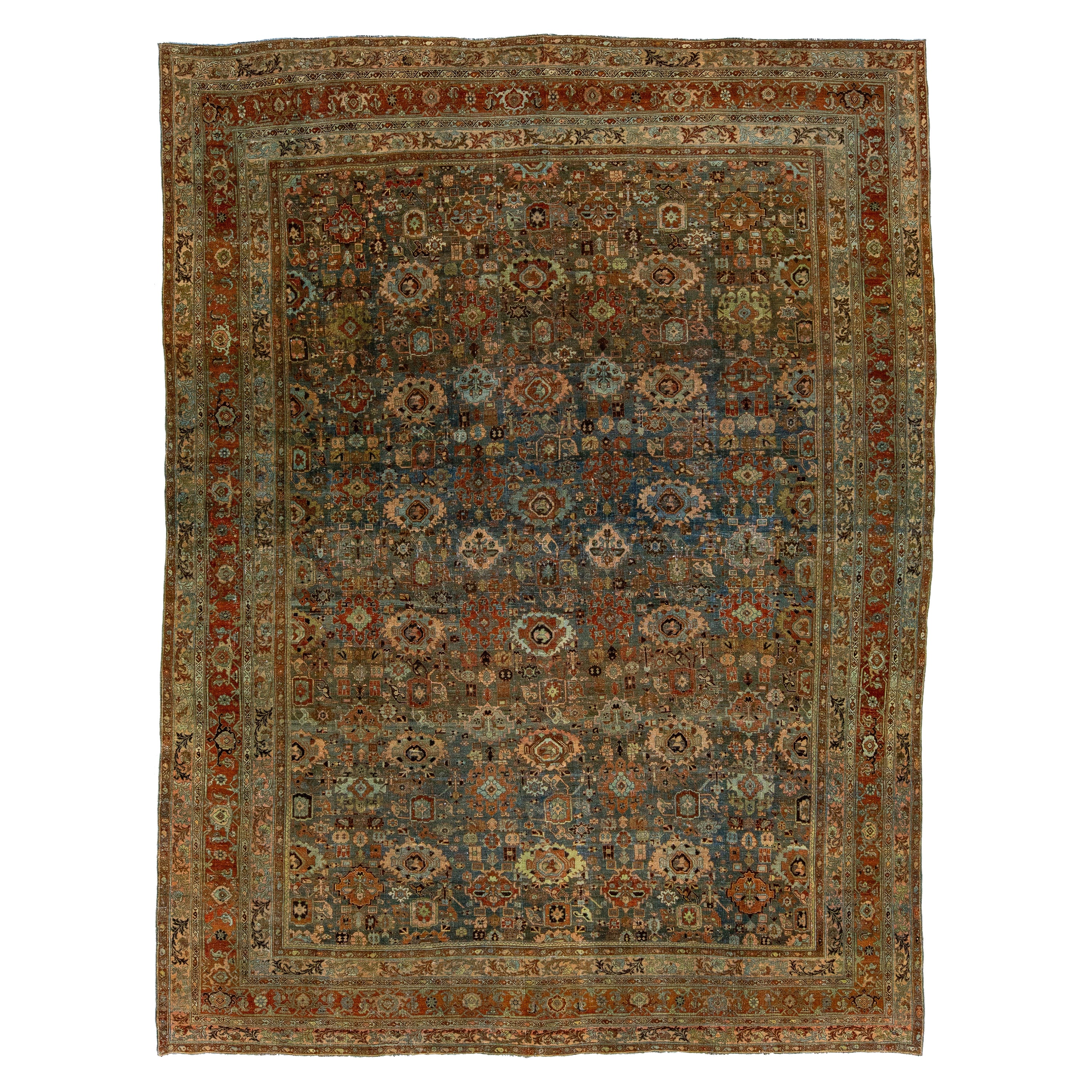 1890s Antique Bidjar Handmade Floral Wool Rug In Blue For Sale