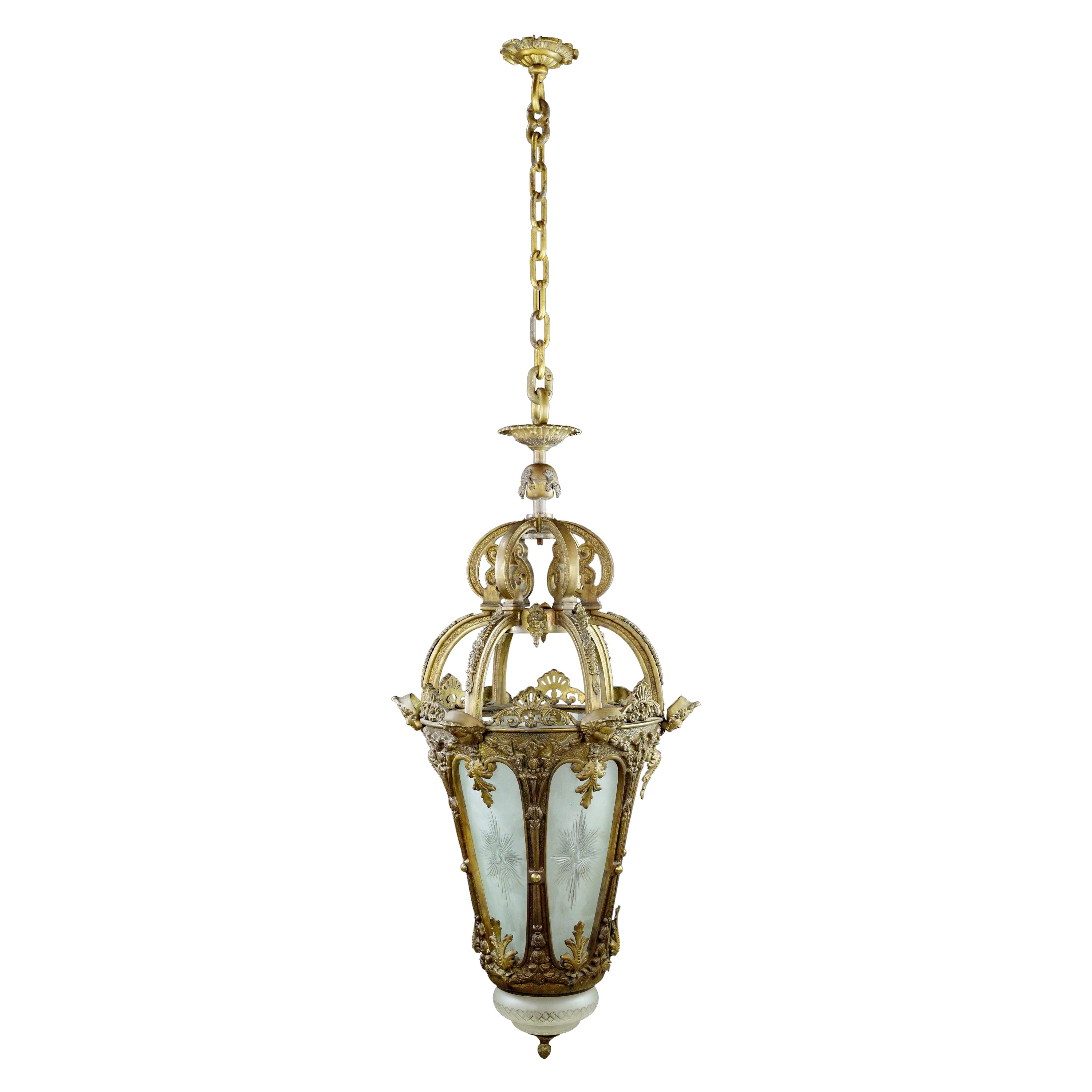 Ornate French Figural Solid Cast Bronze Lantern Pendant For Sale