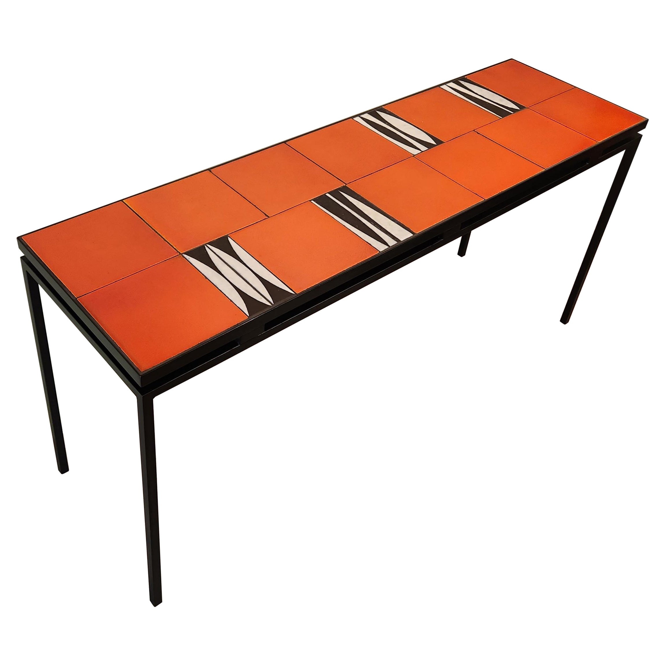 Gueridon Console Table with 12 Red and 8 Navette Roger Capron Ceramic Tiles For Sale