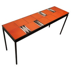 Gueridon Console Table with 12 Red and 8 Navette Roger Capron Ceramic Tiles