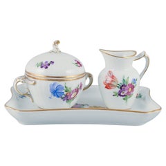 Royal Copenhagen, Saxon Flower, porcelain sugar bowl and creamer on tray