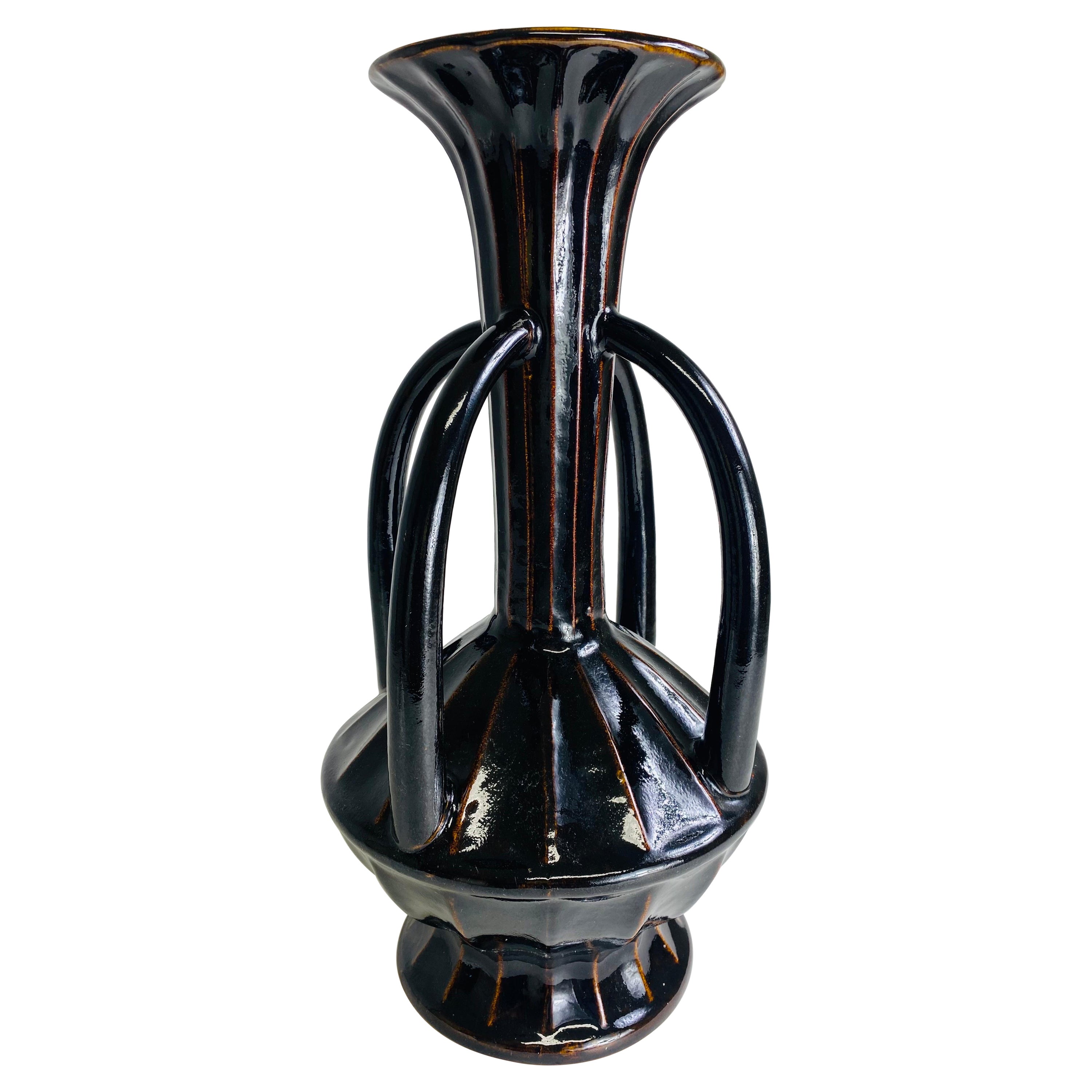 Large mid century vintage espresso brown pottery vase. For Sale