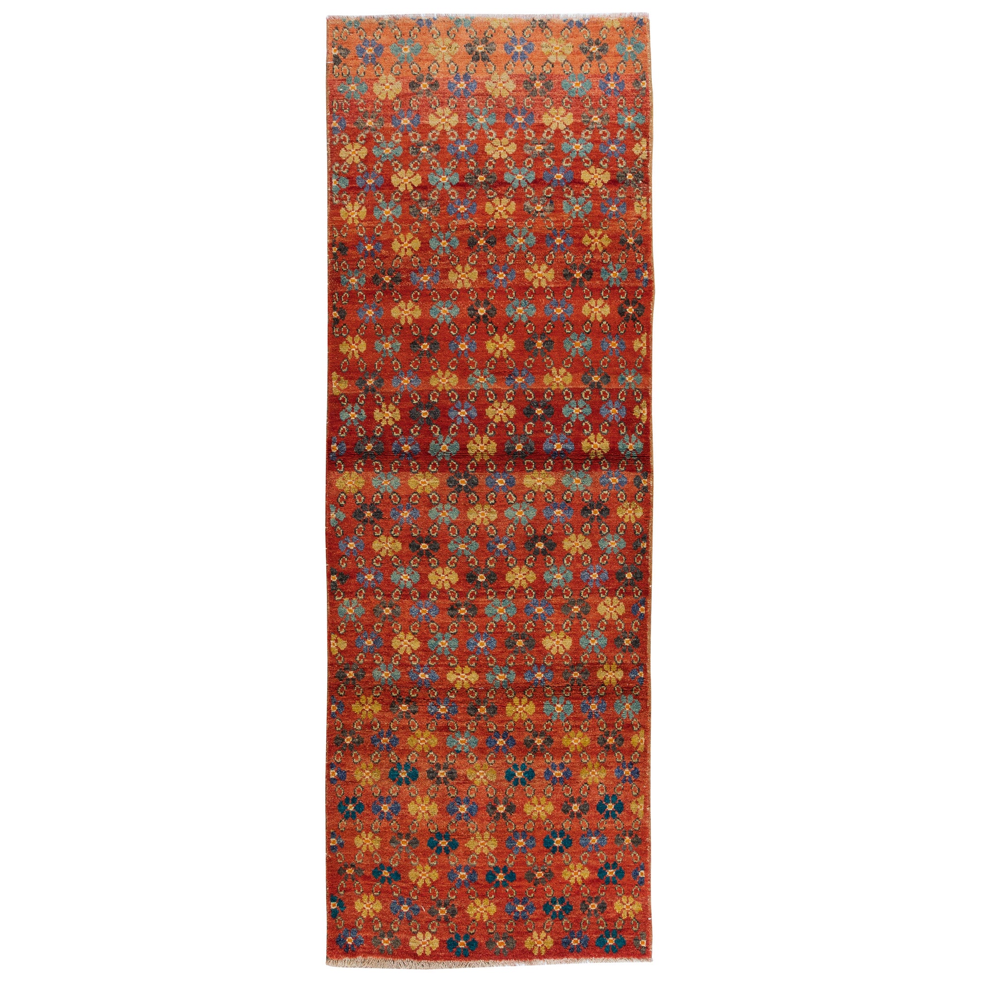 3.2x9.2 Ft Handmade Vintage Turkish Floral Runner Rug, Red Corridor Carpet For Sale