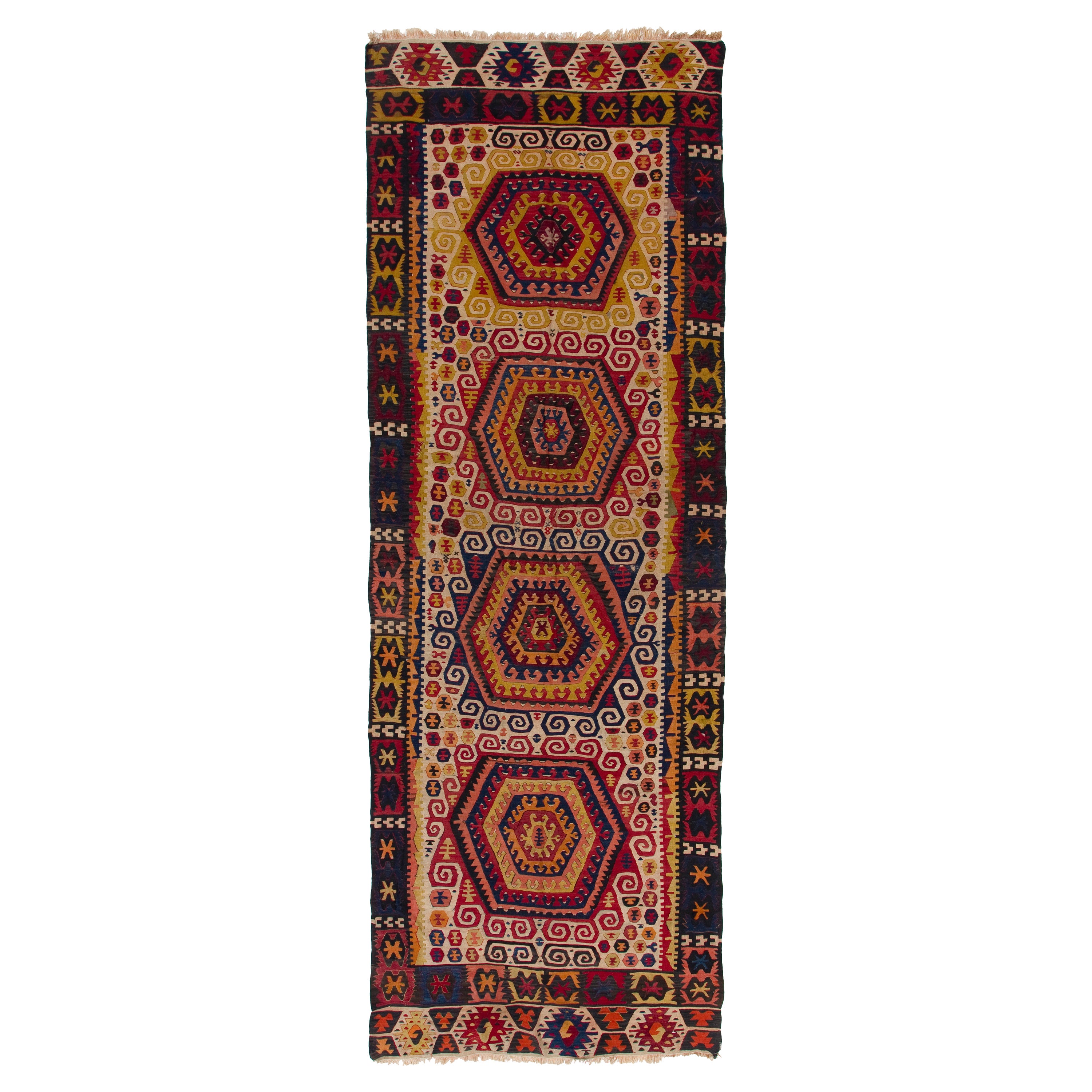 5x14 Ft Antique Handmade Anatolian Konya Kilim, Flat-Weave Rug. Ca 1915