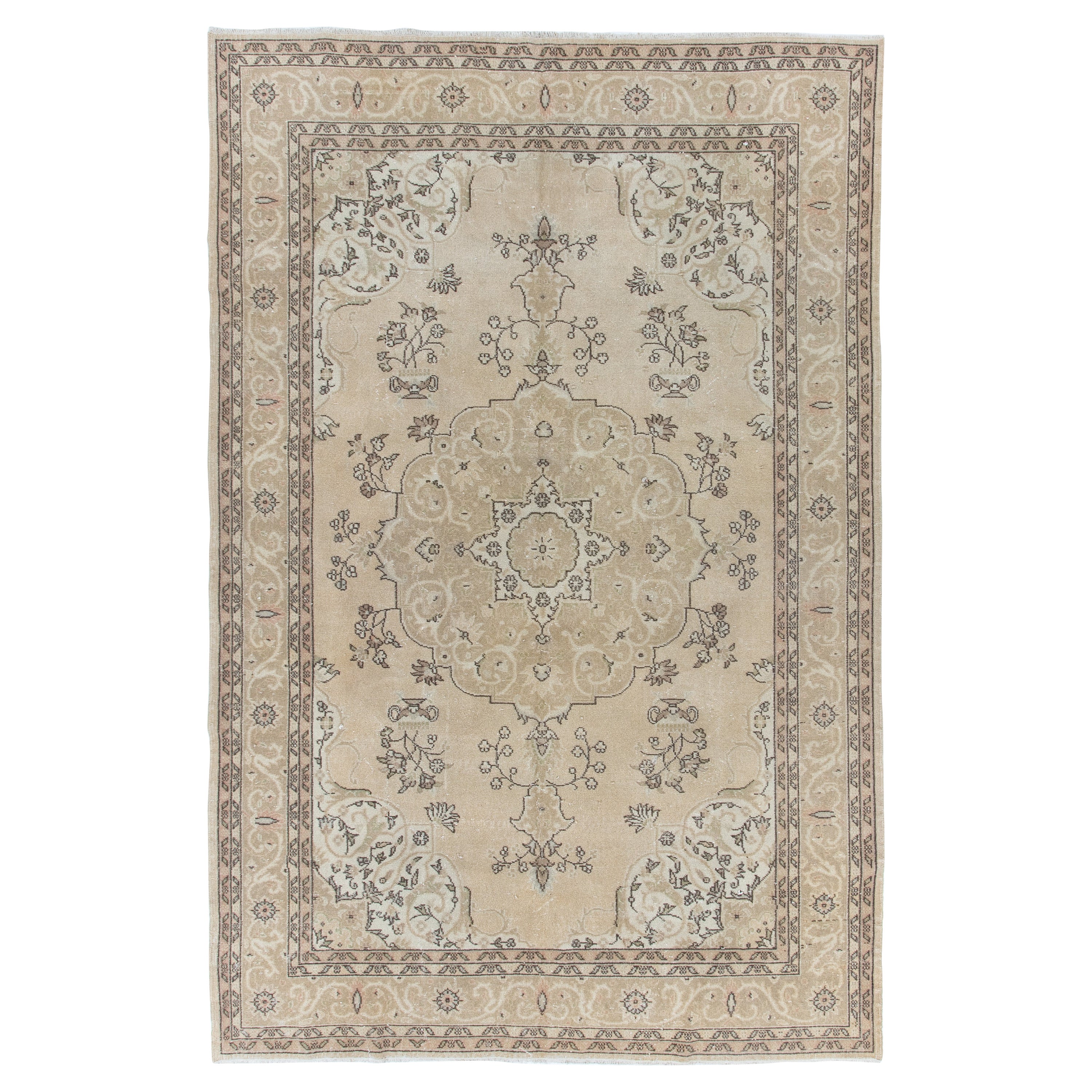 7.2x11 Ft Vintage Anatolian Rug in Neutral Colors, Beige Handmade Oushak Carpet For Sale