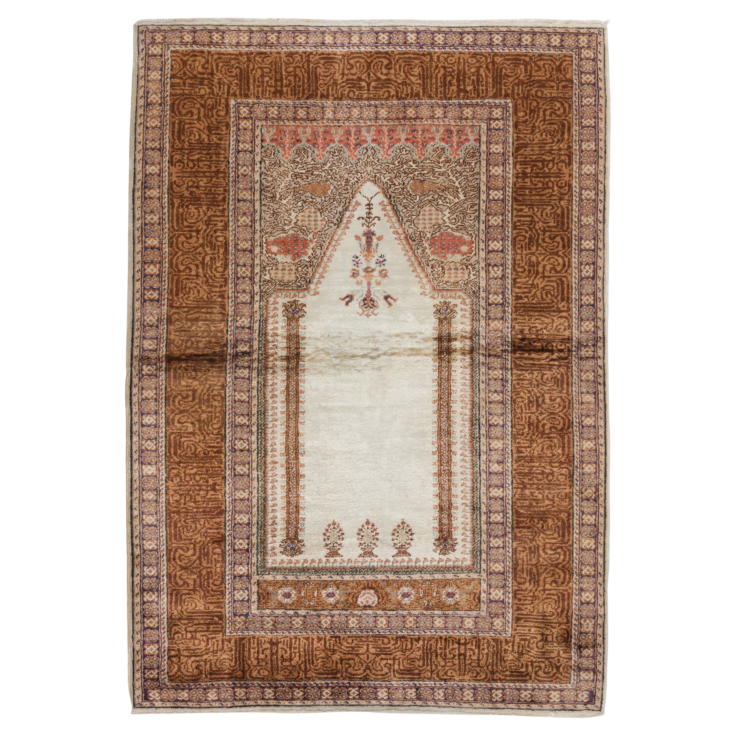4x6 Ft Einzigartiger handgefertigter Anatolianischer Seiden-Gebetteppich aus Kunst. Prayer Mat Vintage im Angebot