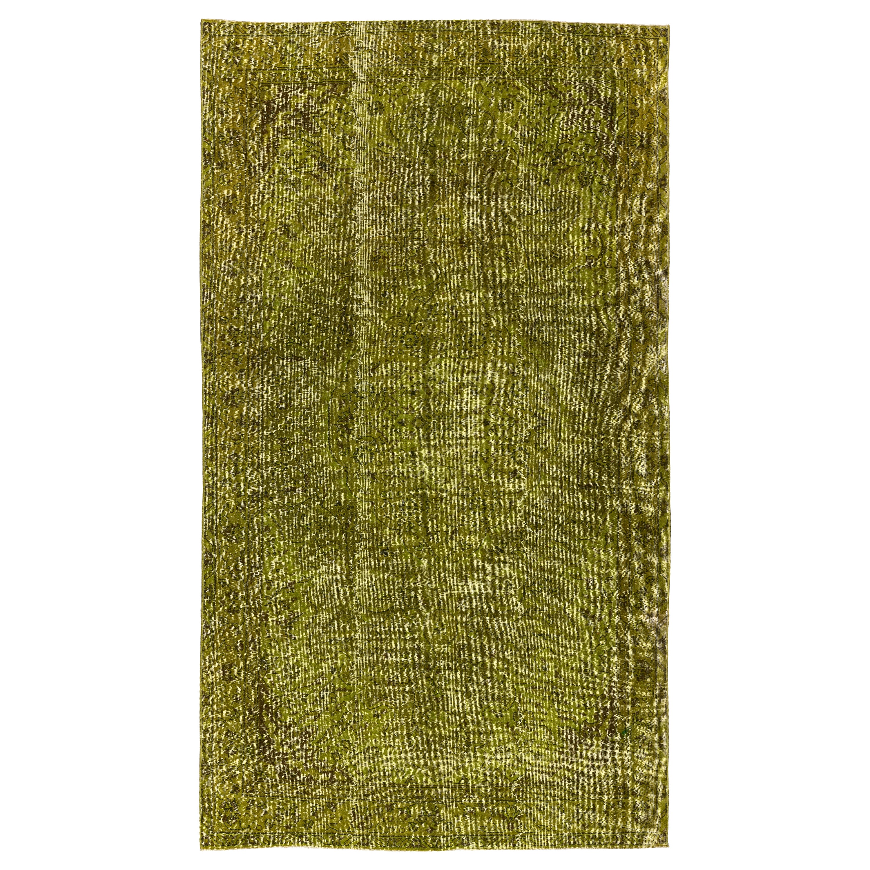 5.3x9.2 Ft Handmade Turkish 1960s Rug in Light Green, Modern Olive Green Carpet For Sale