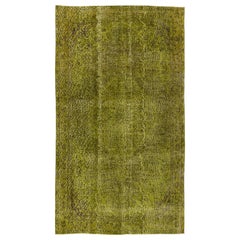 5.3x9.2 Ft Handmade Turkish 1960s Rug in Light Green, Modern Olive Green Carpet
