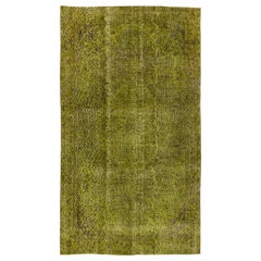 5.3x9.2 Ft Handmade Turkish 1960s Rug in Light Green, Modern Olive Green Carpet