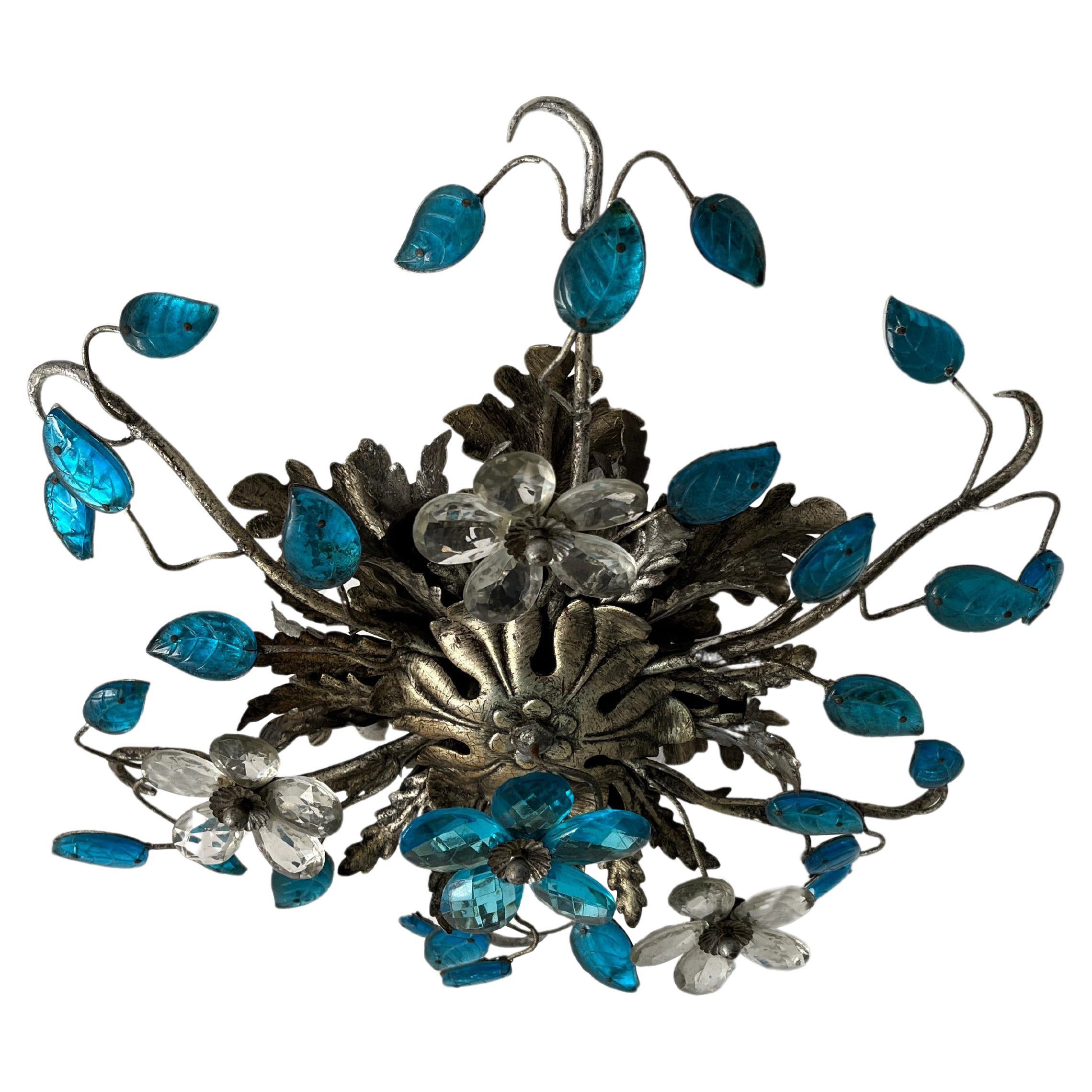 Flush Mount Maison Baguès Crystal Blue Flowers Leaves Chandelier 6 Lights C 1940 For Sale