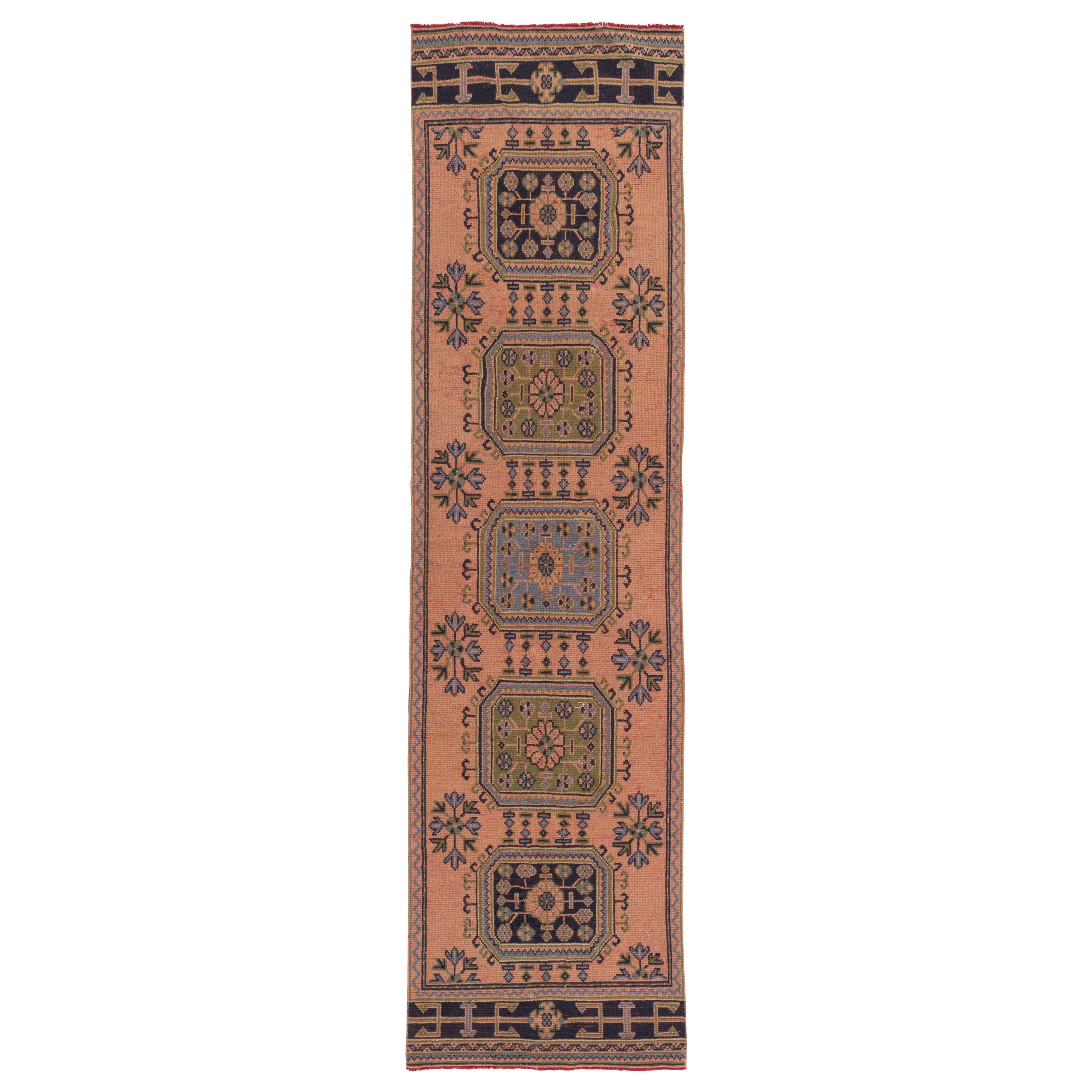 3x11.7 Ft Mid-Century Handmade Anatolian Wool Runner Rug, Narrow Hallway Carpet For Sale