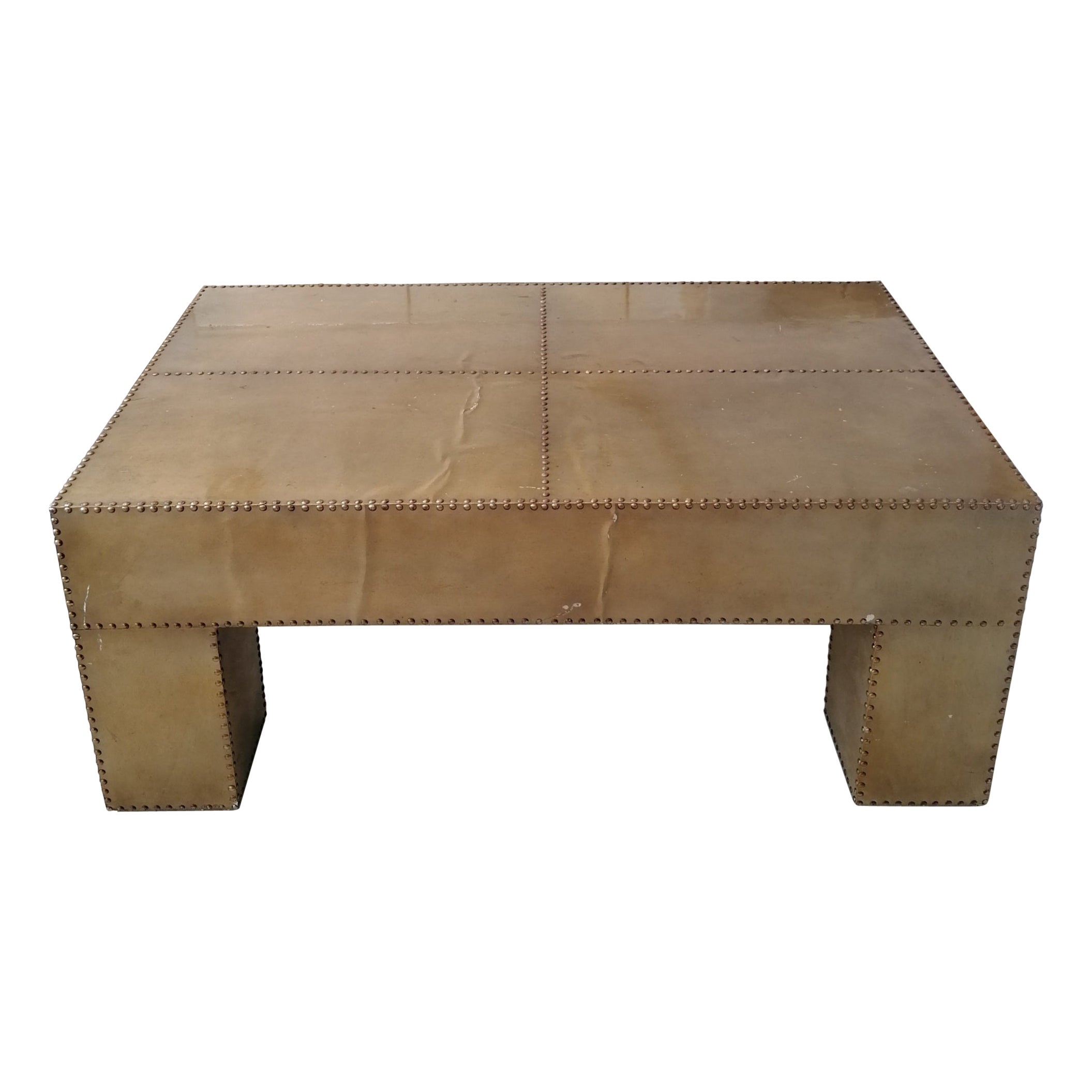 Large vintage Sarreid style coffee table- brass-coloured studded aluminium For Sale
