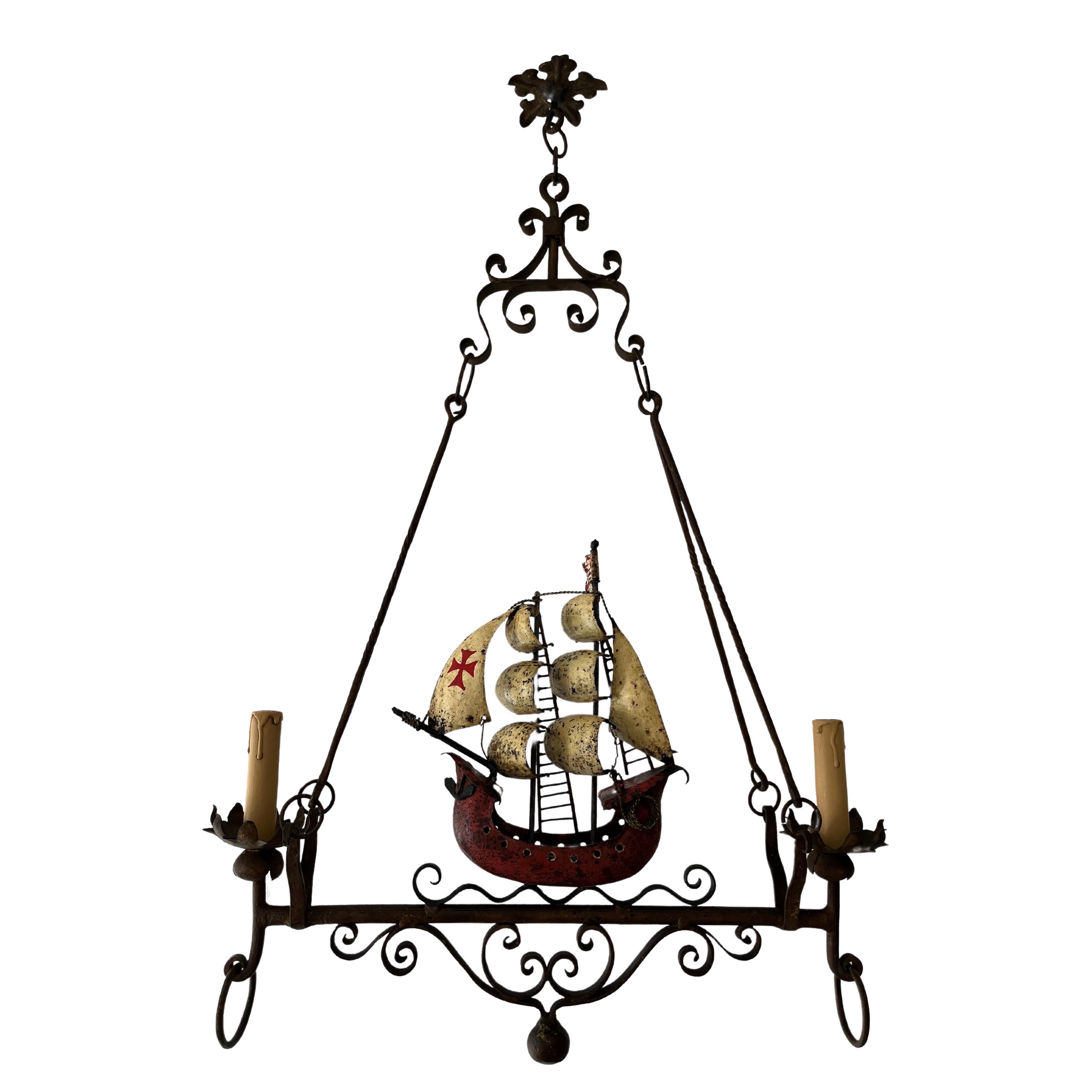 Italian Nautical Ship Boat Spanish Galleon Chandelier Wrought Iron c 1930