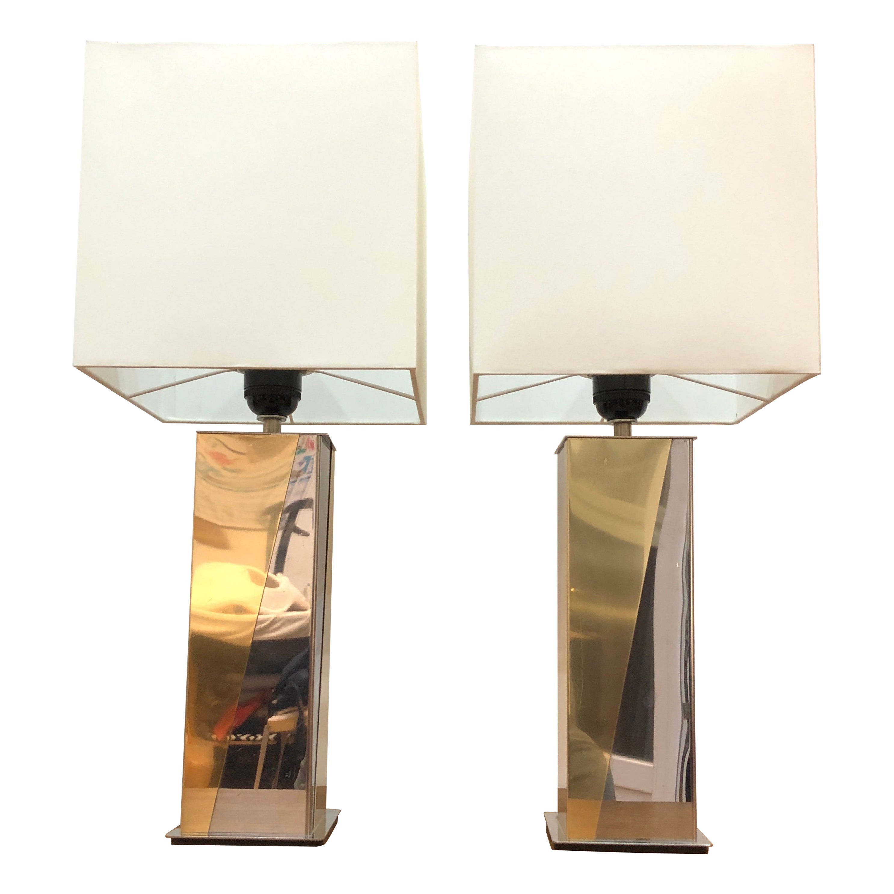 French Steel and Brass Table Lamps, Set of 2 For Sale