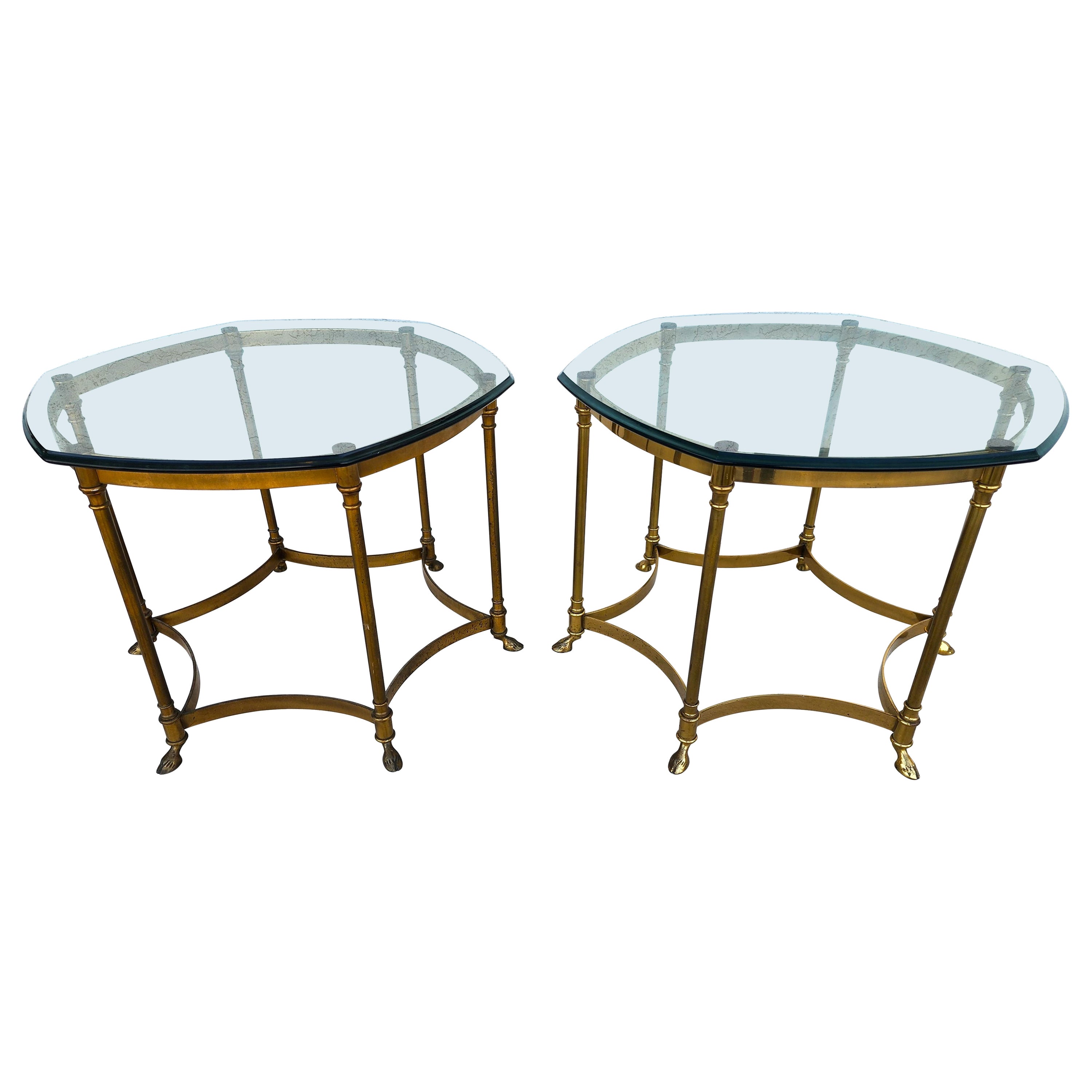 Labarge Side Tables Brass Glass Hoof Footed Octagonal For Sale