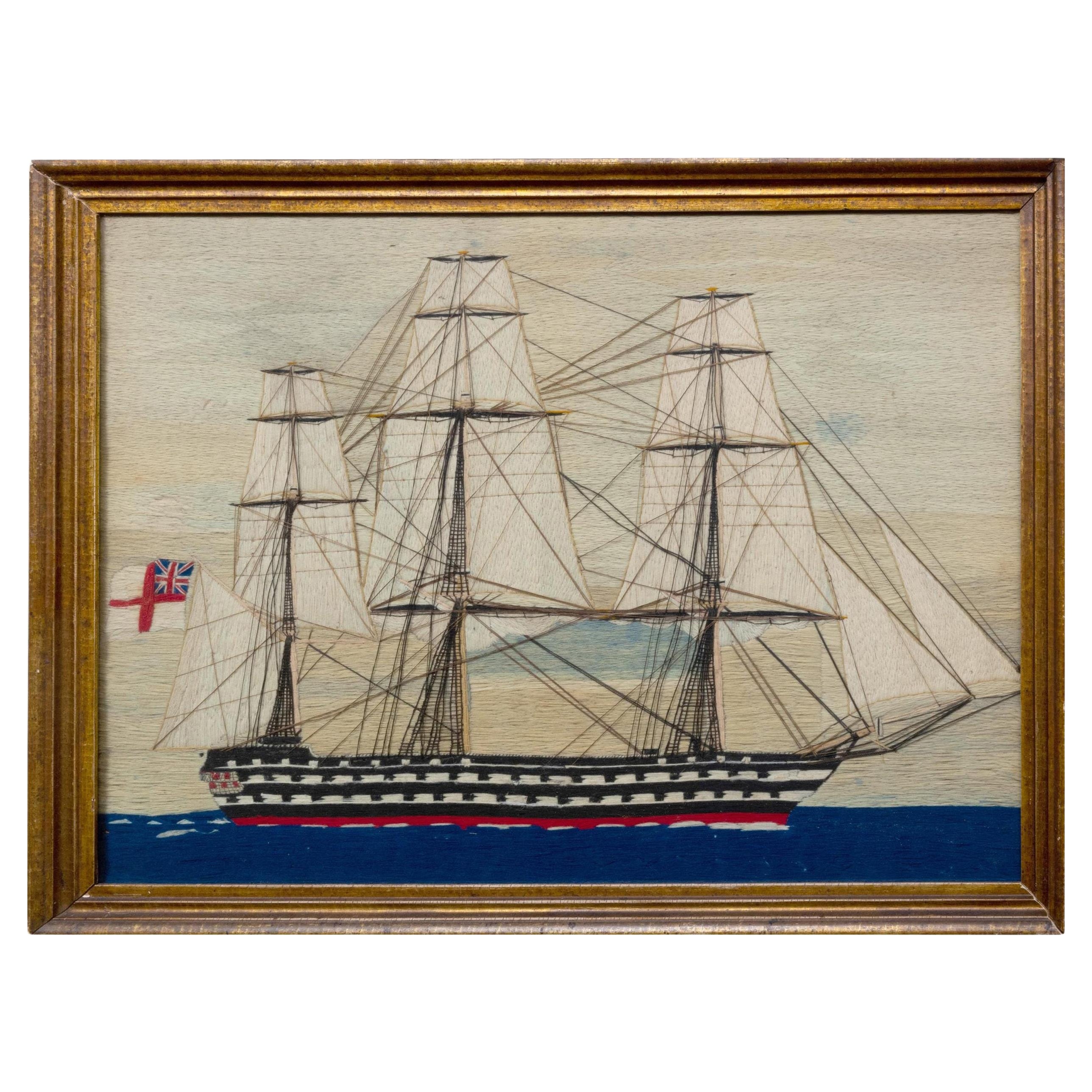 English Sailor's Woolwork of a Battleship with White Ensign