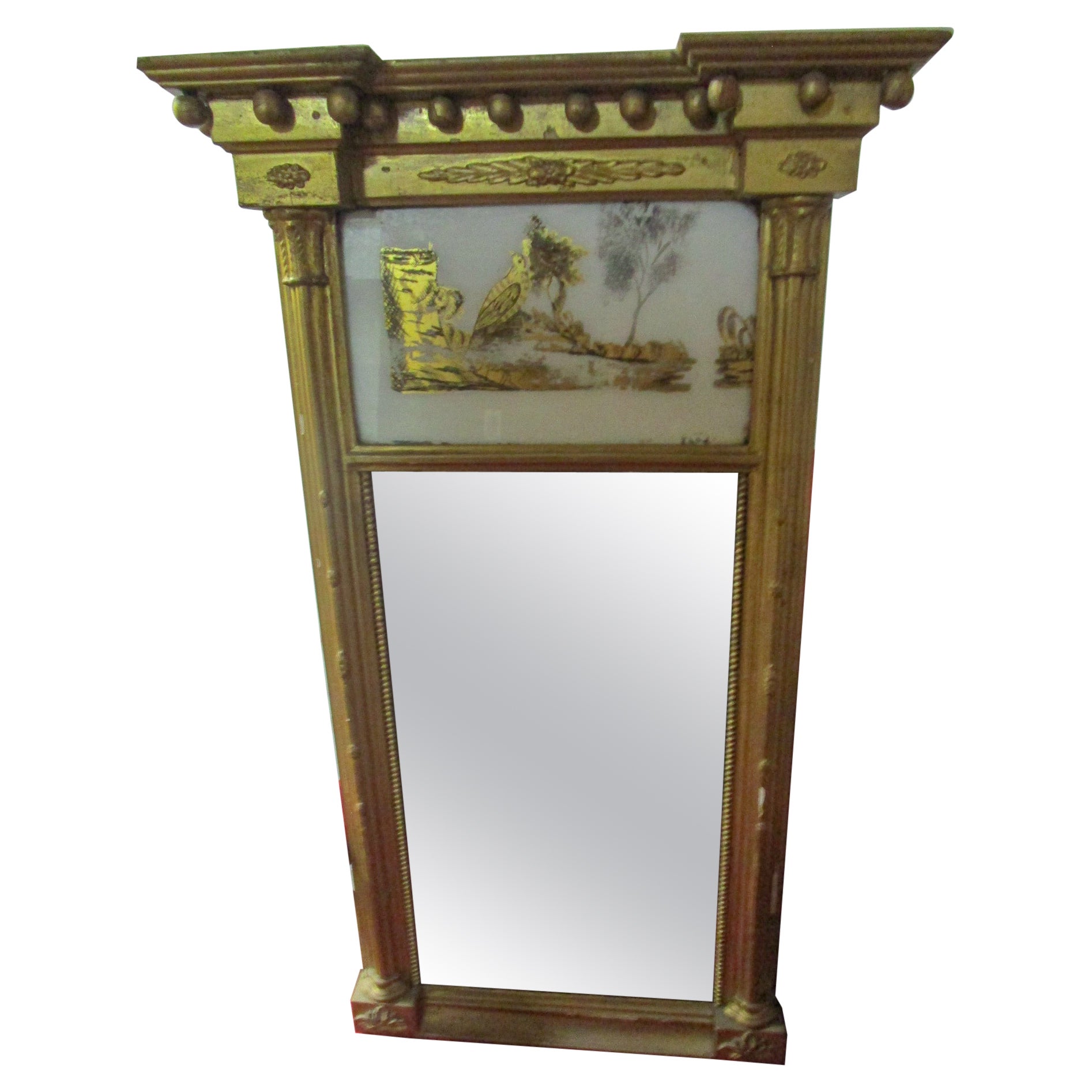 Circa 1820 American Giltwood Mirror with Églomisé Panel Woodland Scene with Bird For Sale