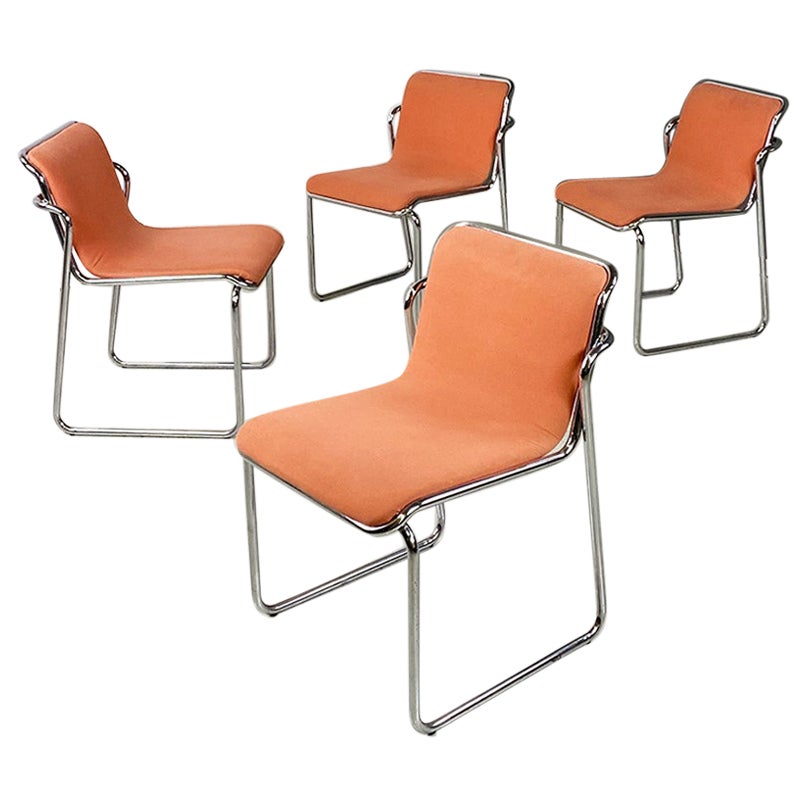 Set of four Italian chairs in steel and pink fabric, 1970s For Sale